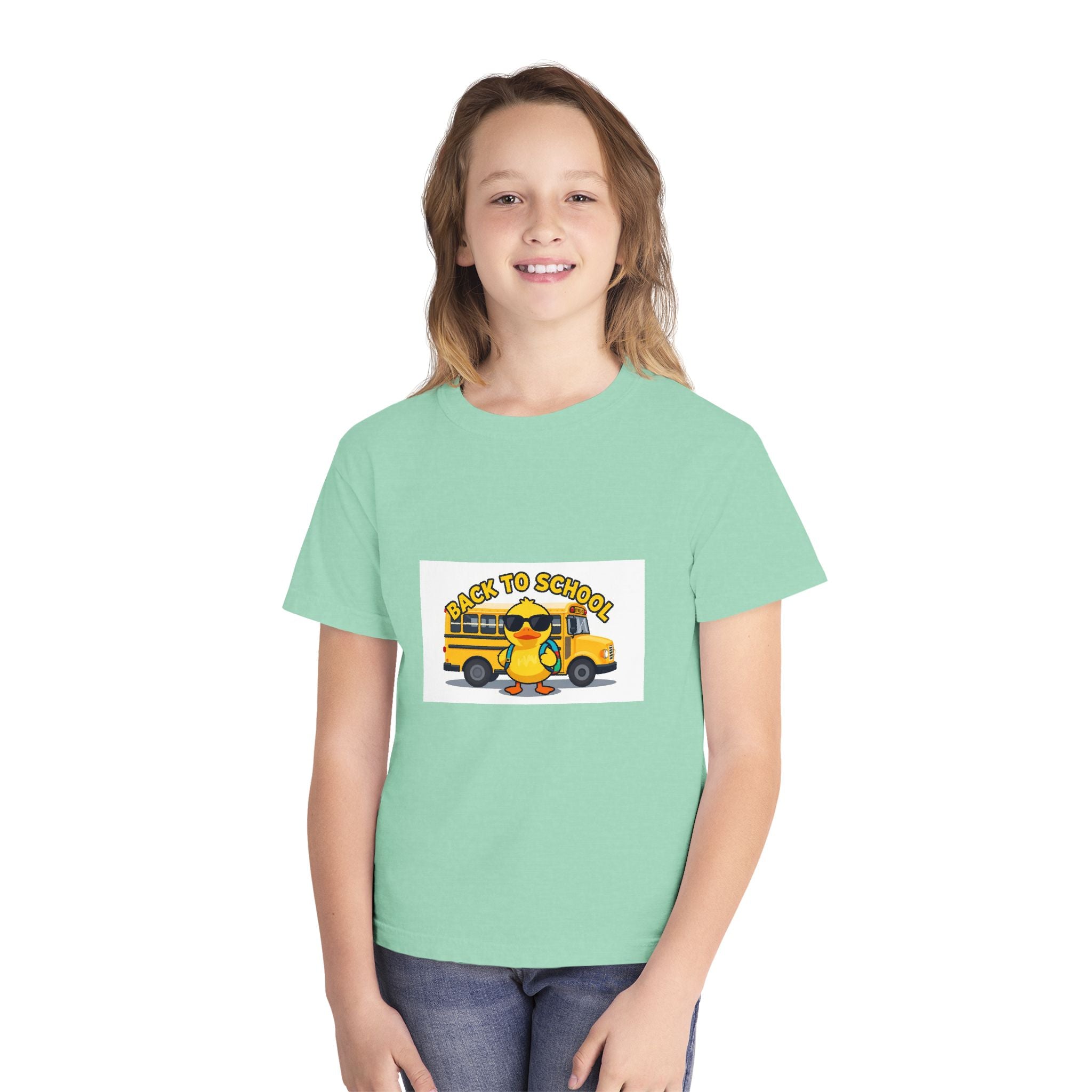 Back to School Youth Tee — Cute Duck & School Bus Kids Shirt