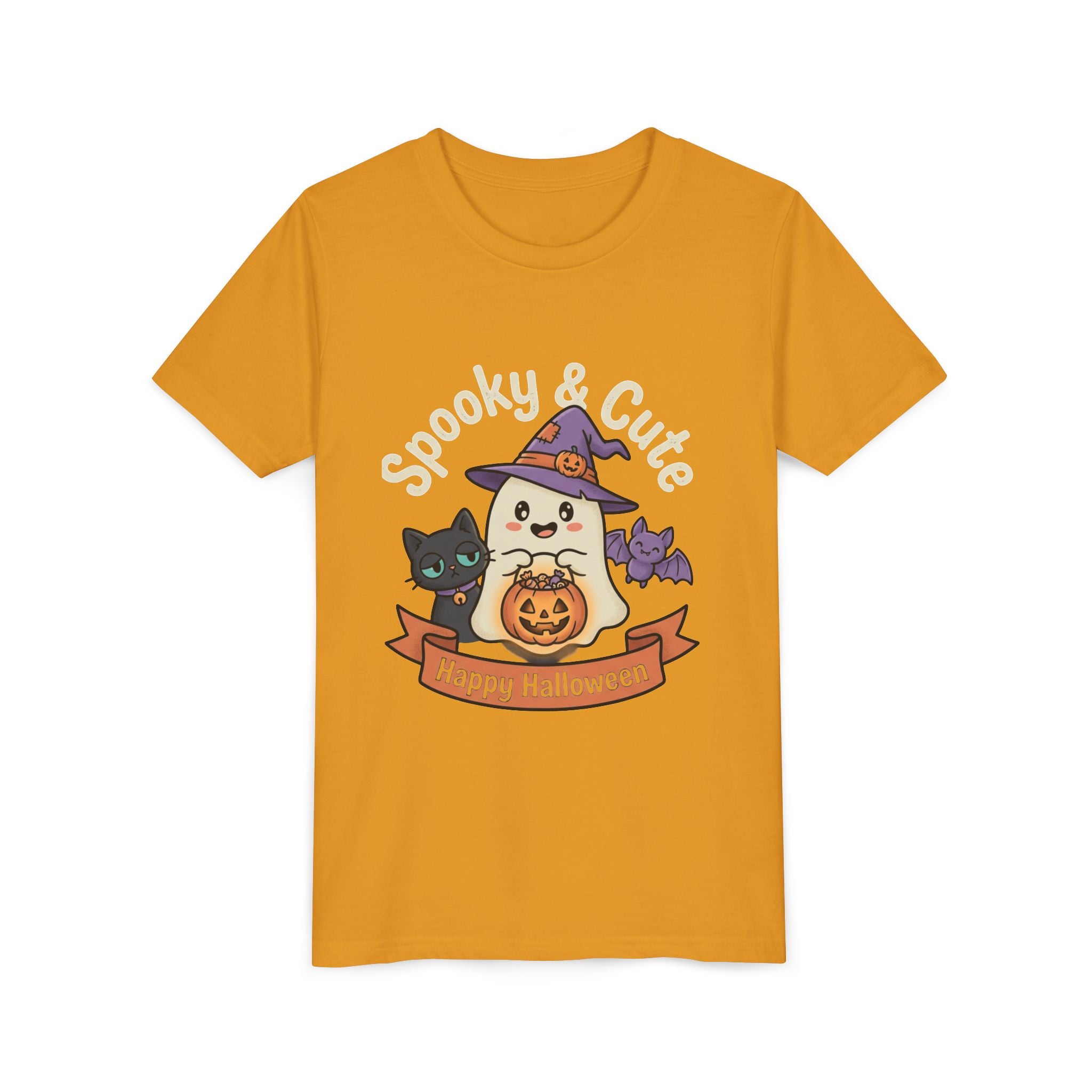 Youth Tee — "Spooky & Cute" Halloween Ghost with Black Cats Pumpkin