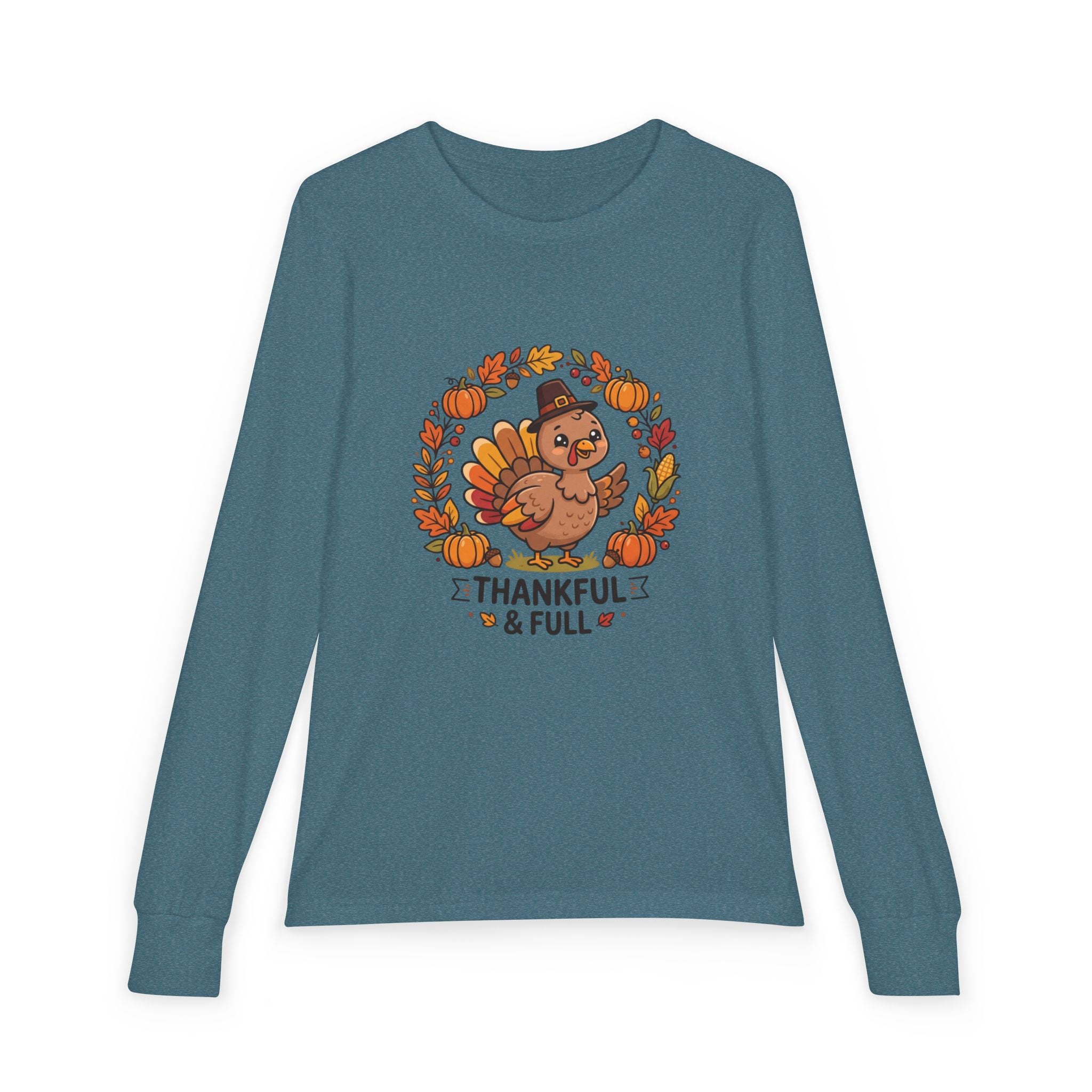Thankful & Full Youth Long Sleeve Tee — Cute Turkey Thanksgiving Shirt