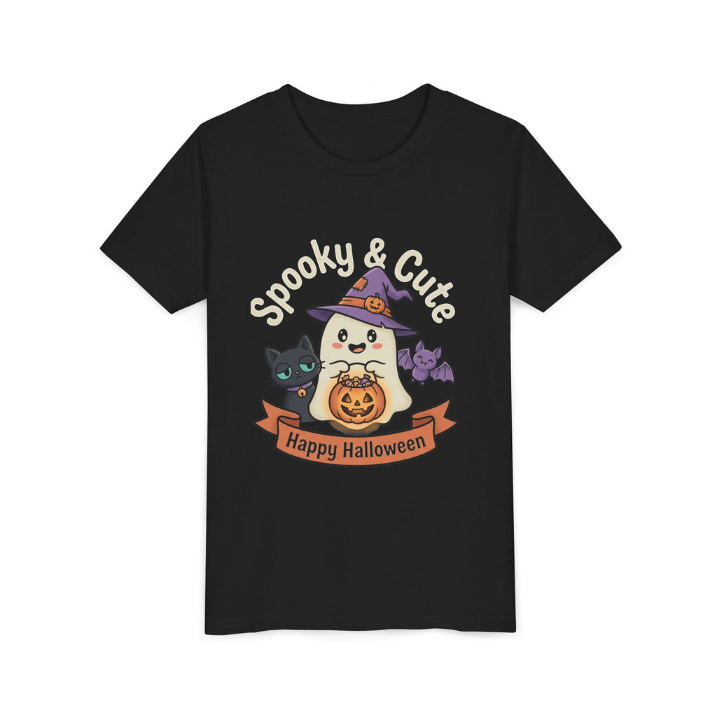 Youth Tee — "Spooky & Cute" Halloween Ghost with Black Cats Pumpkin