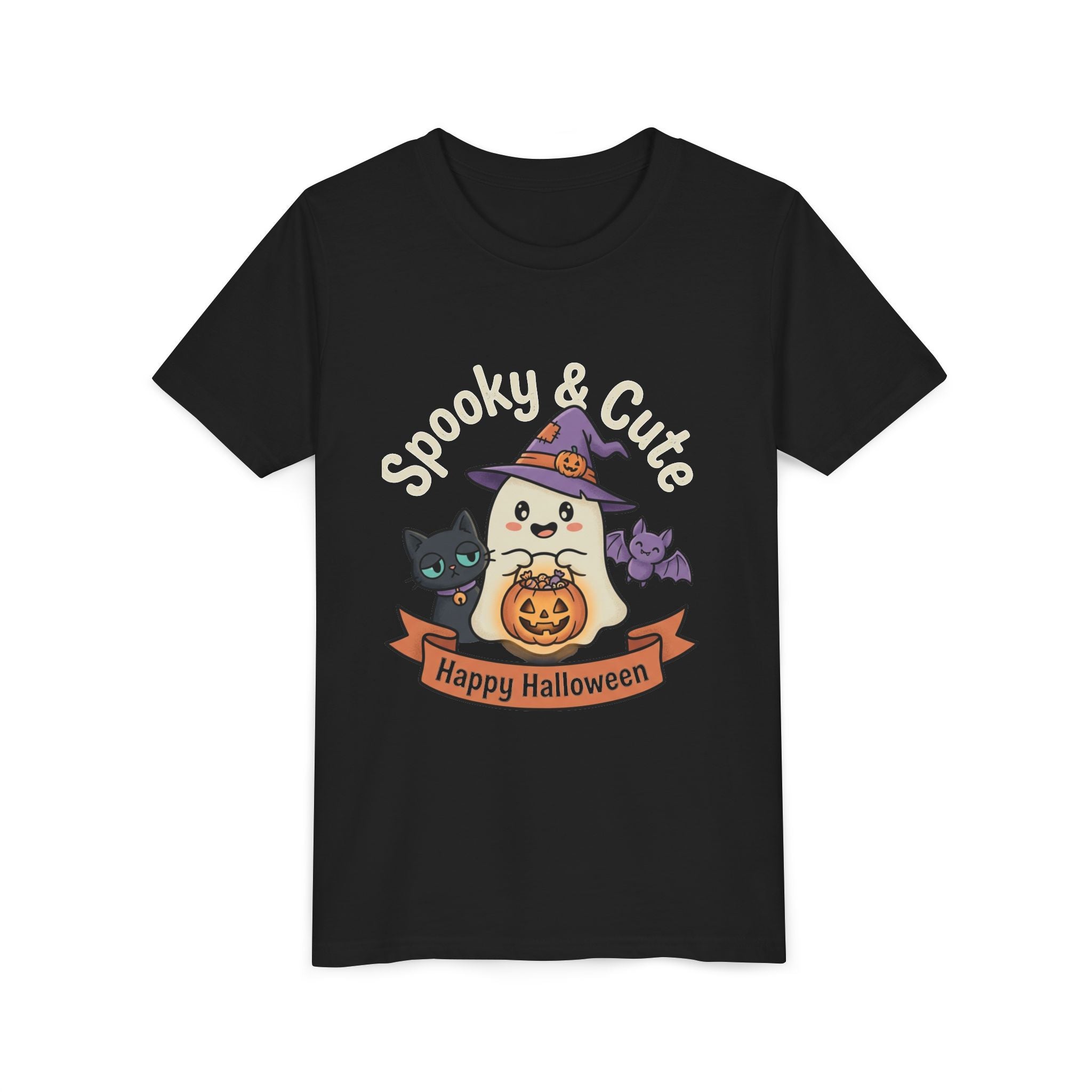 Youth Tee — "Spooky & Cute" Halloween Ghost with Black Cats Pumpkin