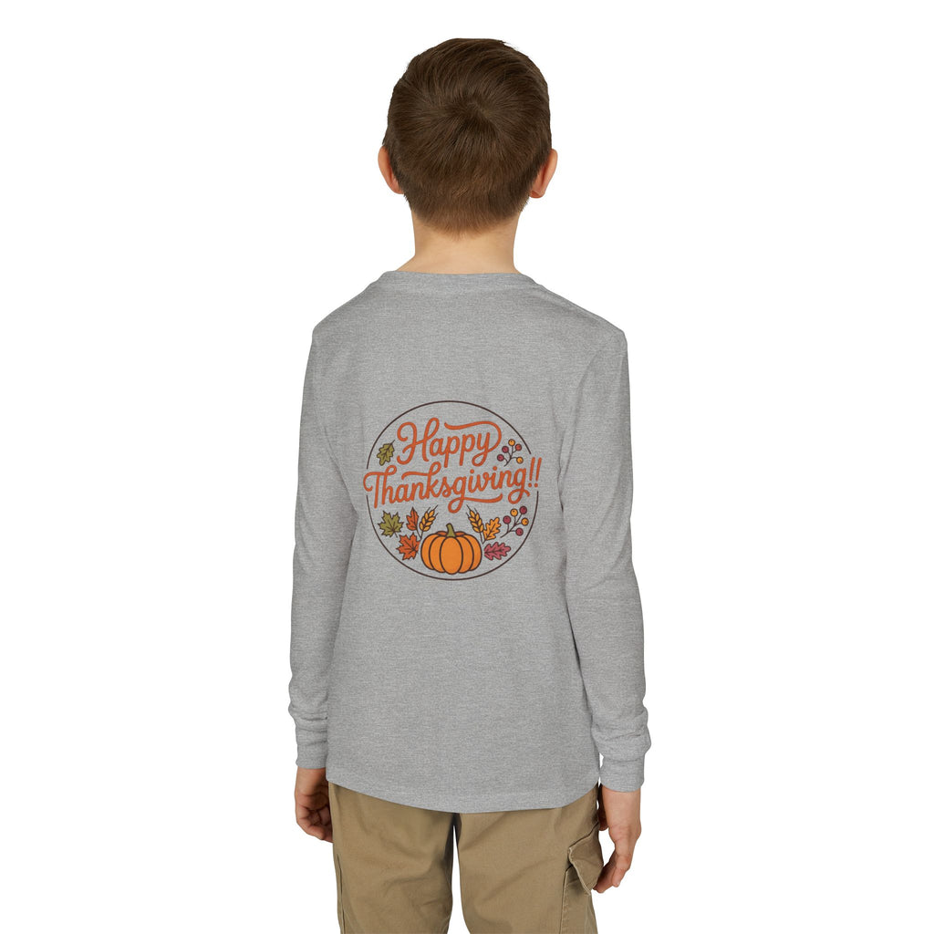 Thankful & Full Youth Long Sleeve Tee — Cute Turkey Thanksgiving Shirt