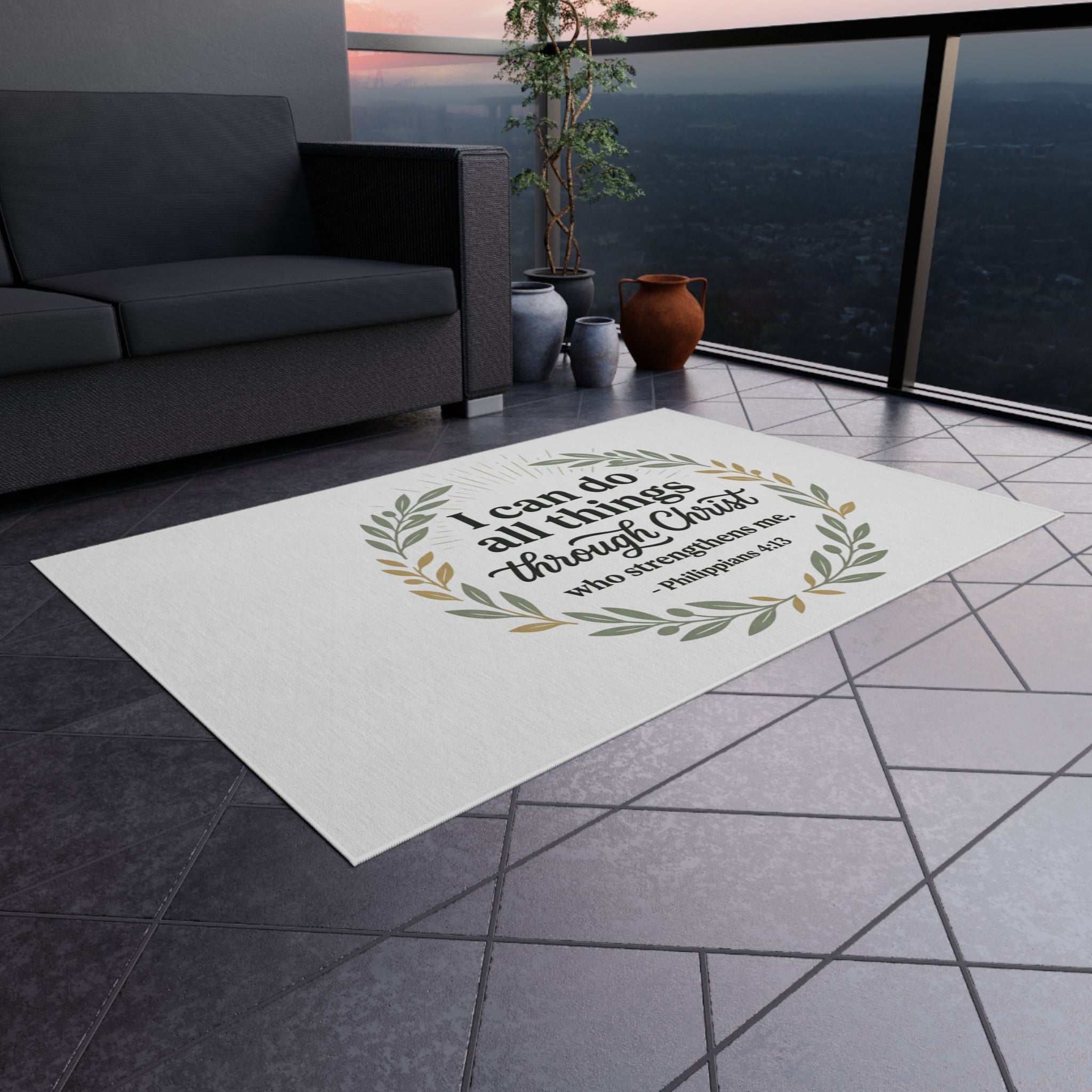 Philippians 4:13 Outdoor Rug — 'I Can Do All Things Through Christ' Wreath Doormat