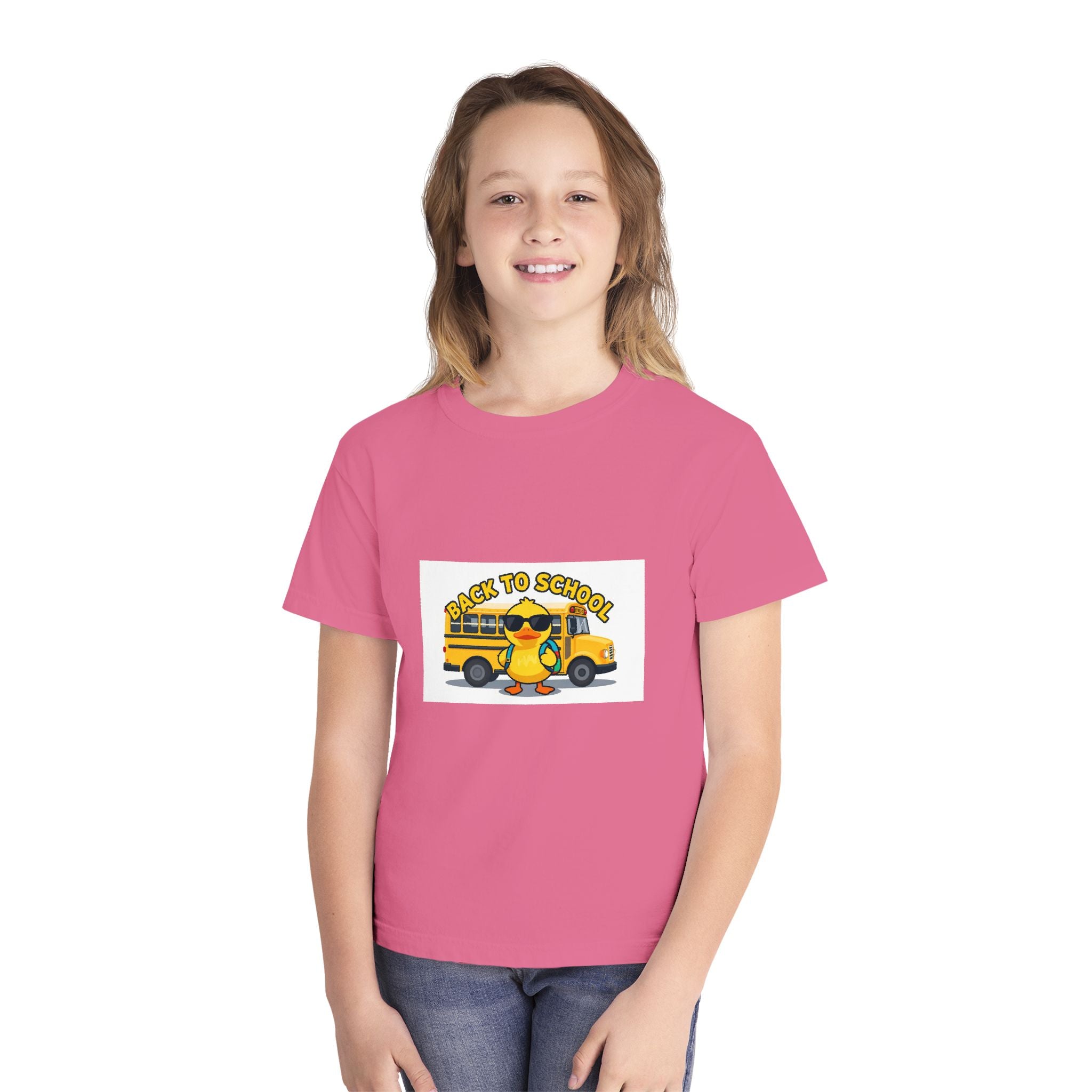 Back to School Youth Tee — Cute Duck & School Bus Kids Shirt