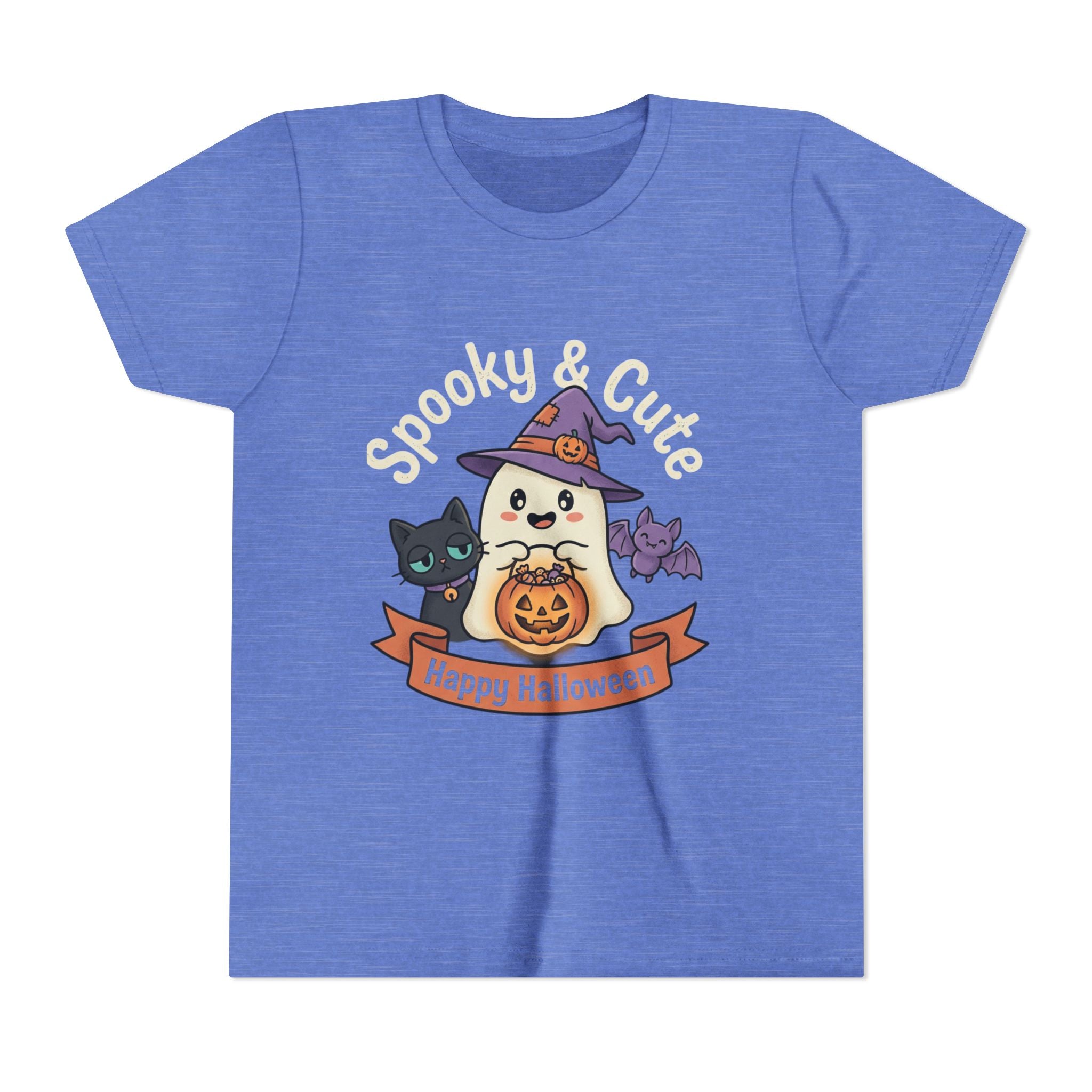 Youth Tee — "Spooky & Cute" Halloween Ghost with Black Cats Pumpkin