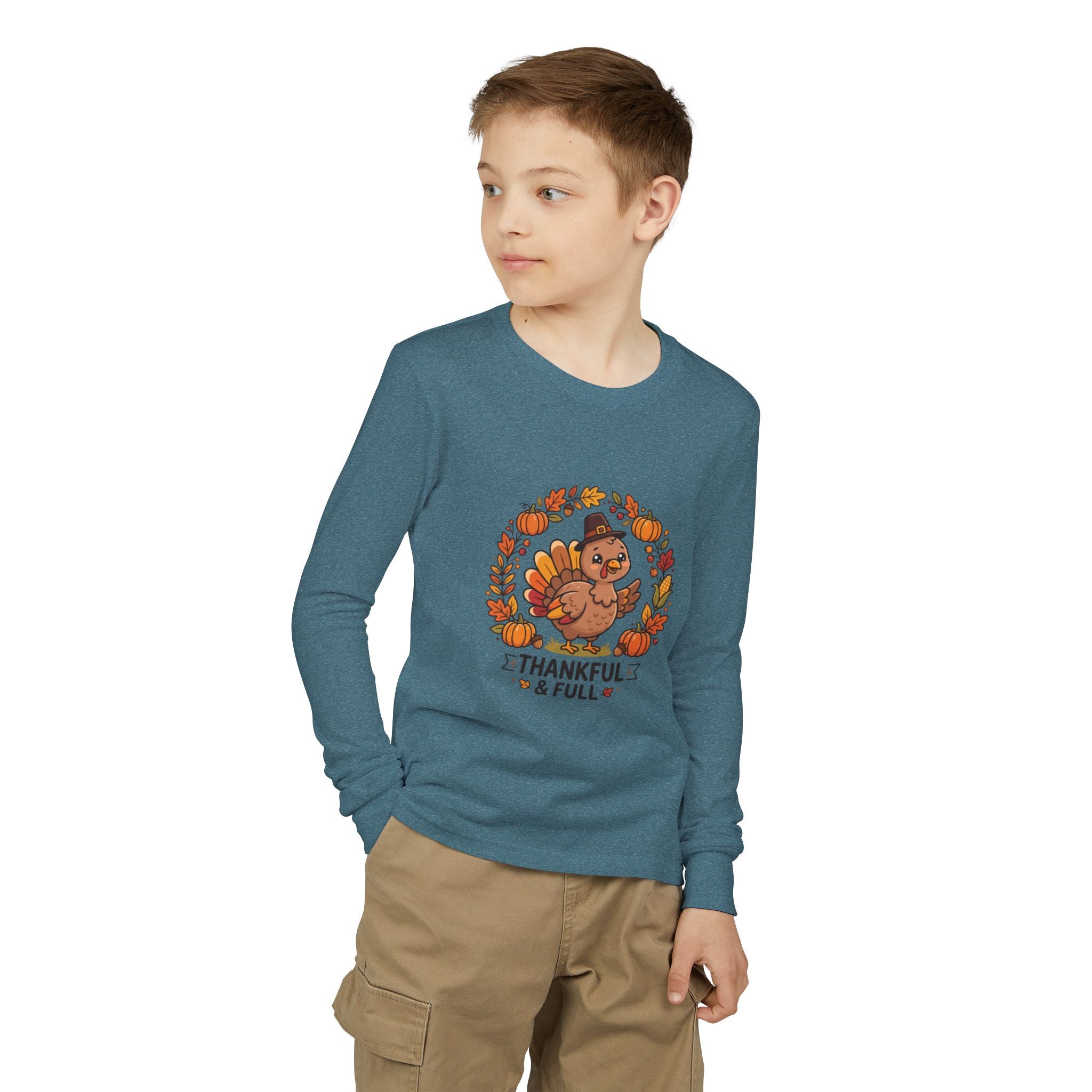 Thankful & Full Youth Long Sleeve Tee — Cute Turkey Thanksgiving Shirt