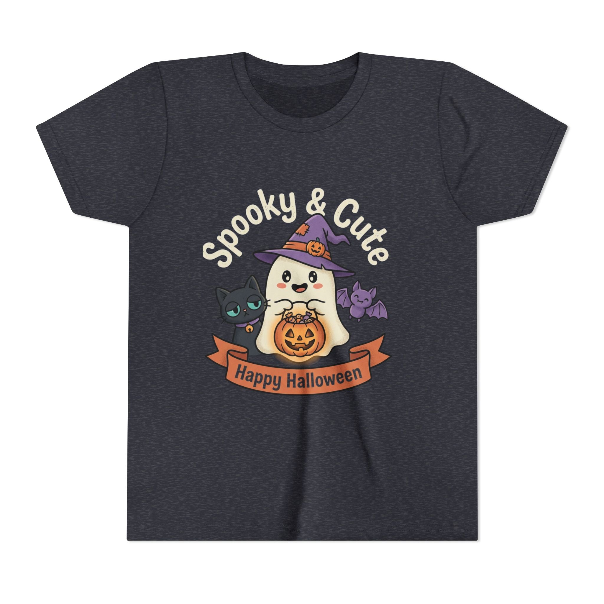 Youth Tee — "Spooky & Cute" Halloween Ghost with Black Cats Pumpkin