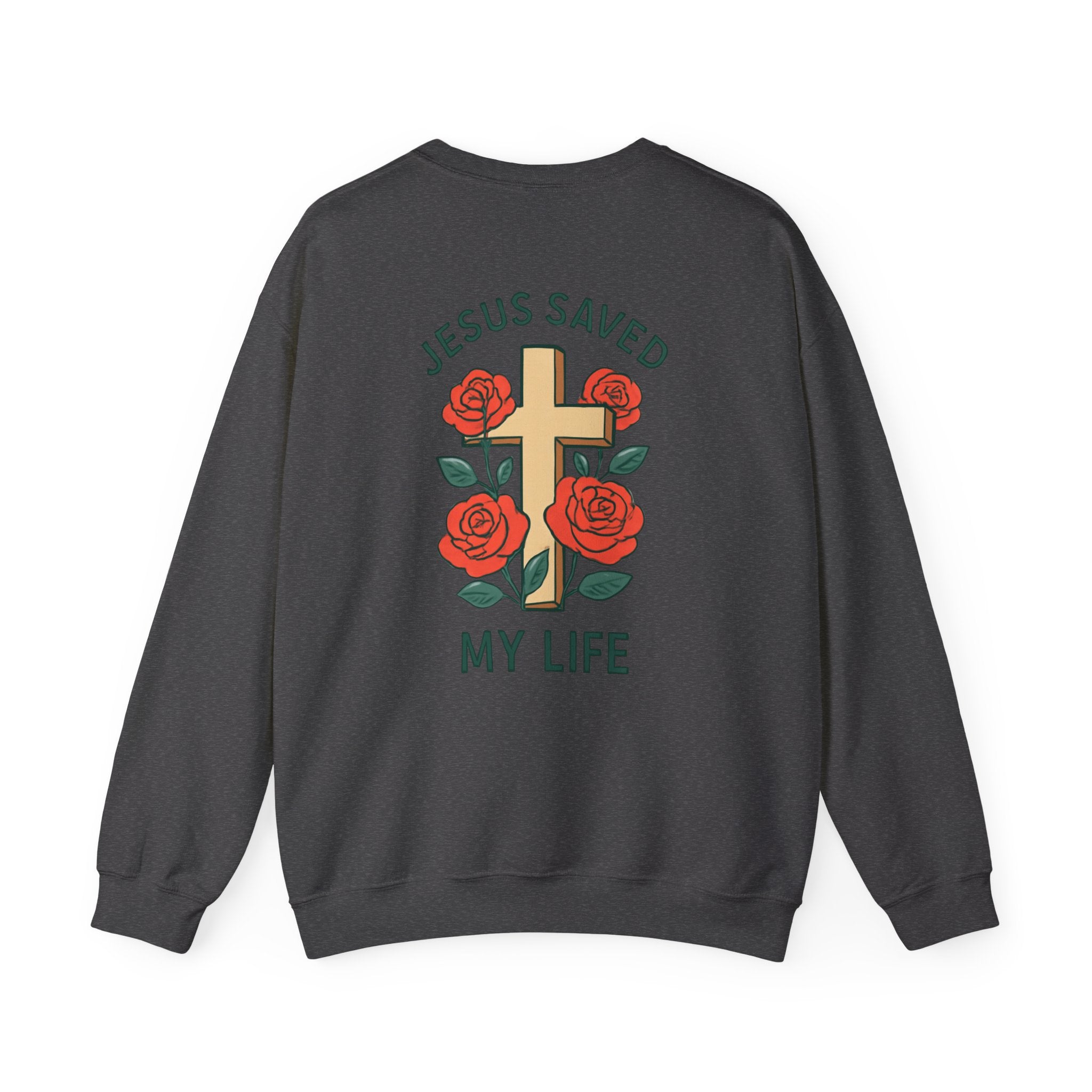 Christian Cross Sweatshirt — "Jesus Saved My Life" Crewneck with Wings & Roses