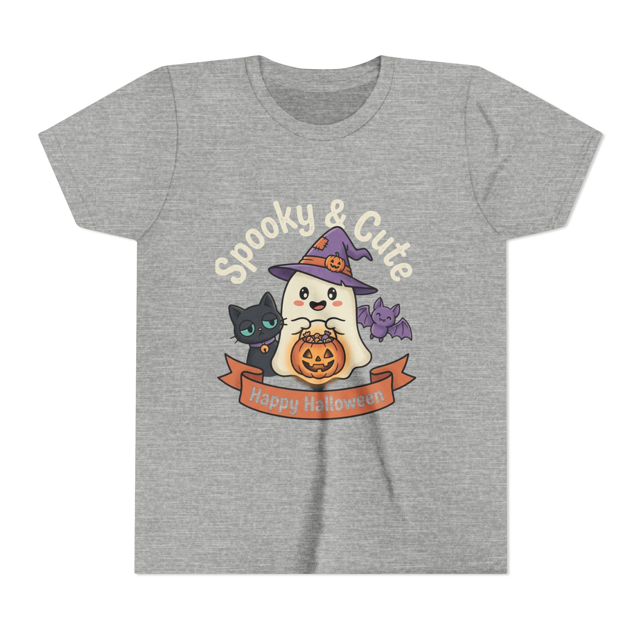 Youth Tee — "Spooky & Cute" Halloween Ghost with Black Cats Pumpkin