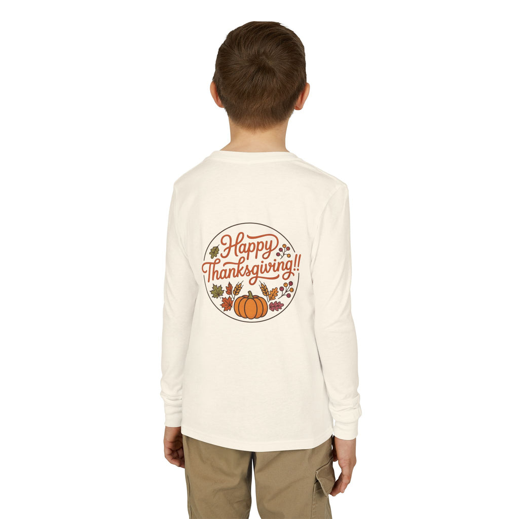 Thankful & Full Youth Long Sleeve Tee — Cute Turkey Thanksgiving Shirt