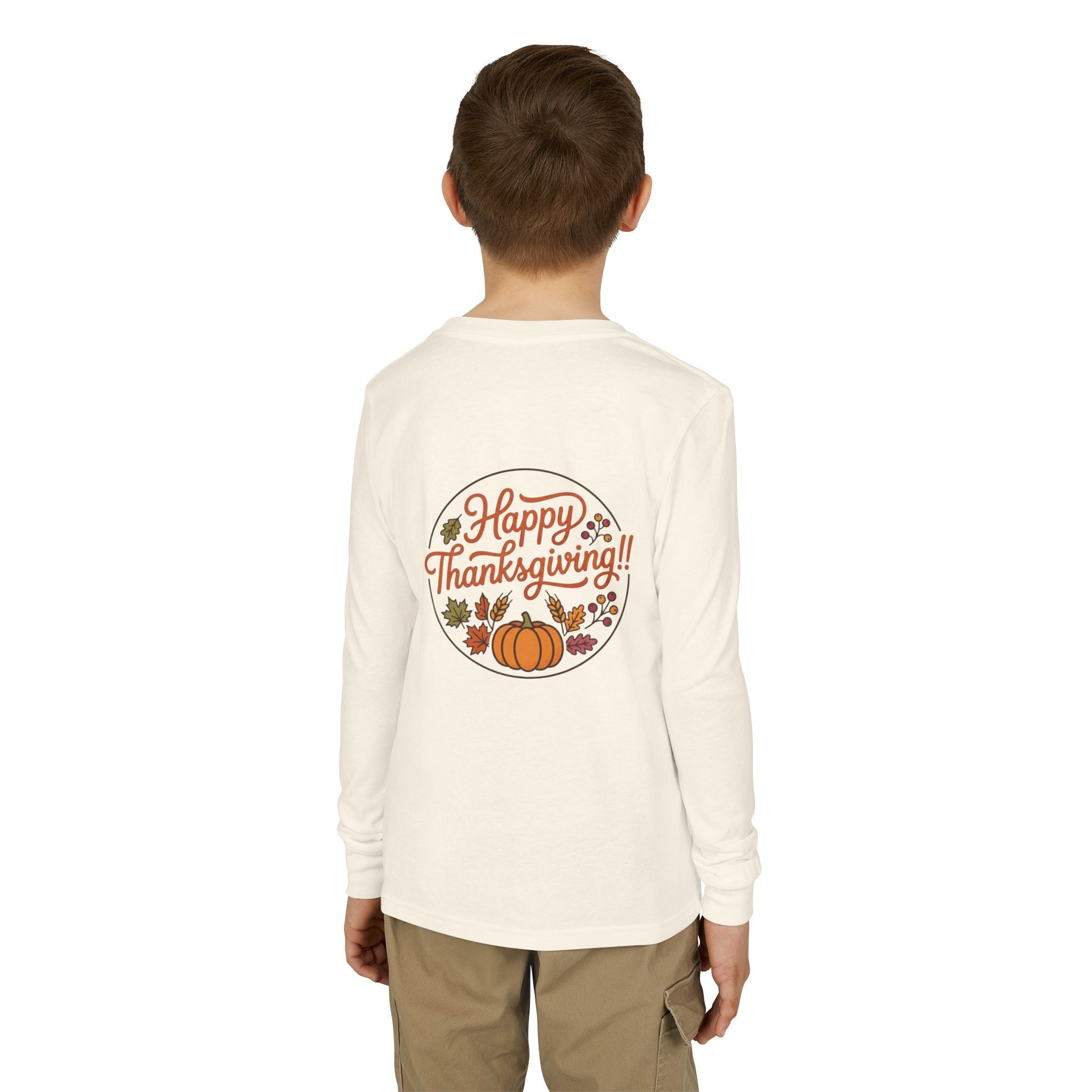 Thankful & Full Youth Long Sleeve Tee — Cute Turkey Thanksgiving Shirt
