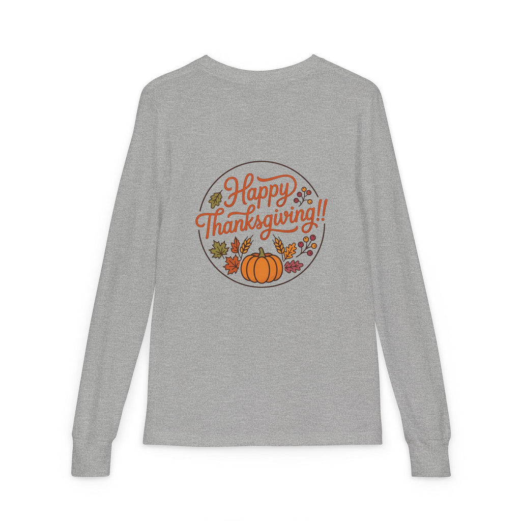 Thankful & Full Youth Long Sleeve Tee — Cute Turkey Thanksgiving Shirt