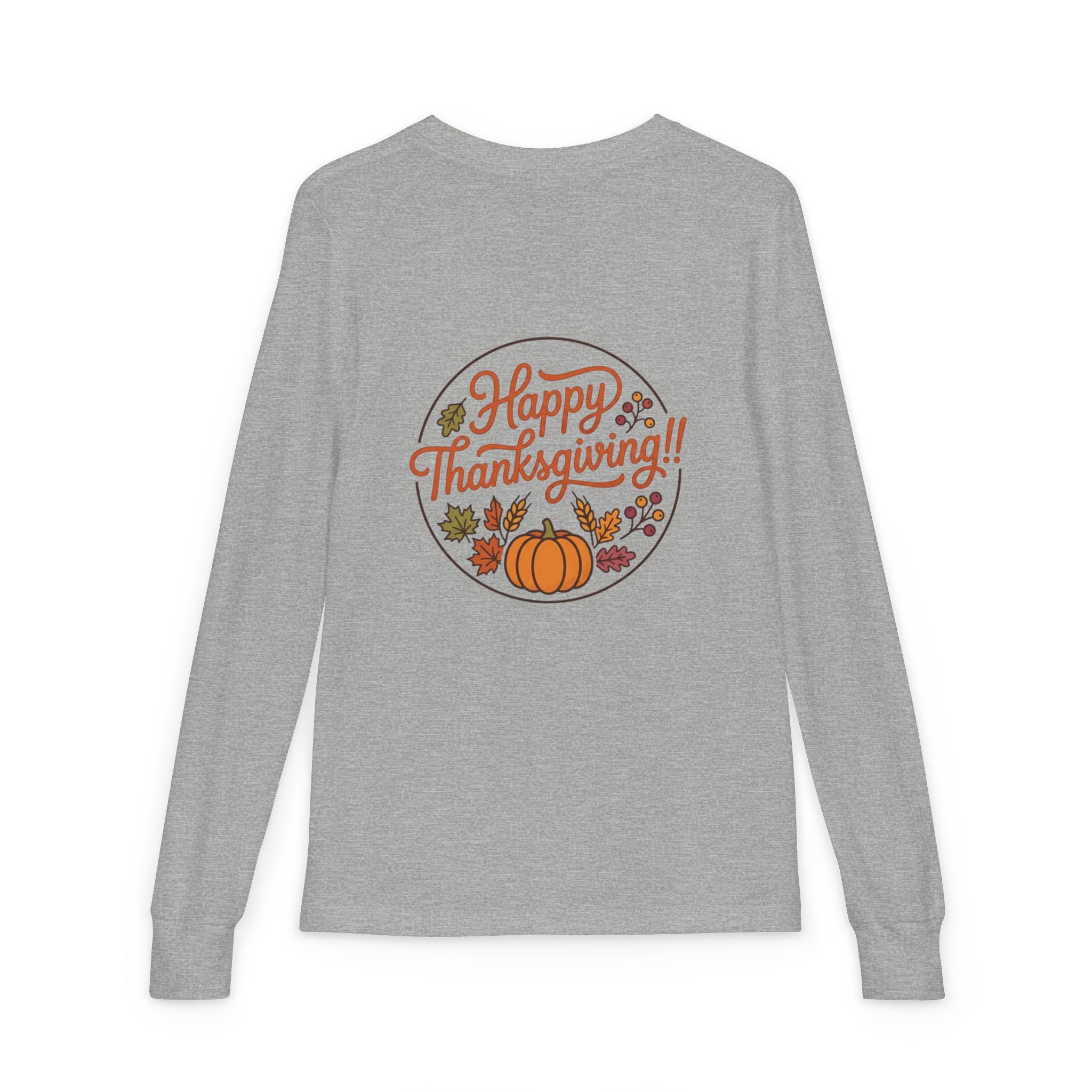 Thankful & Full Youth Long Sleeve Tee — Cute Turkey Thanksgiving Shirt
