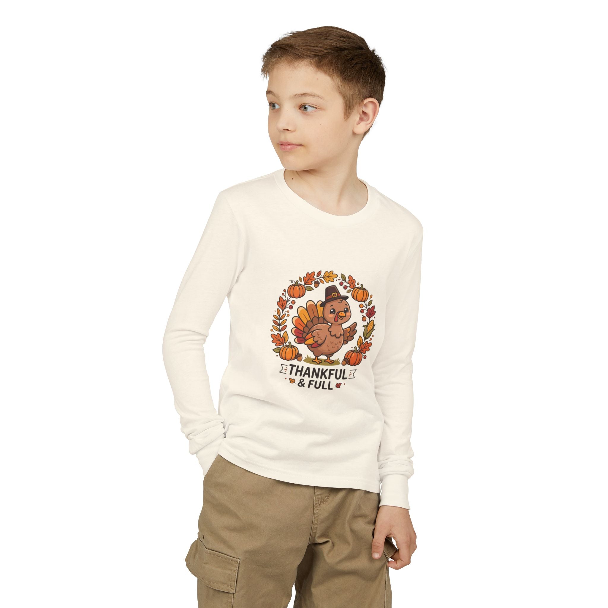 Thankful & Full Youth Long Sleeve Tee — Cute Turkey Thanksgiving Shirt