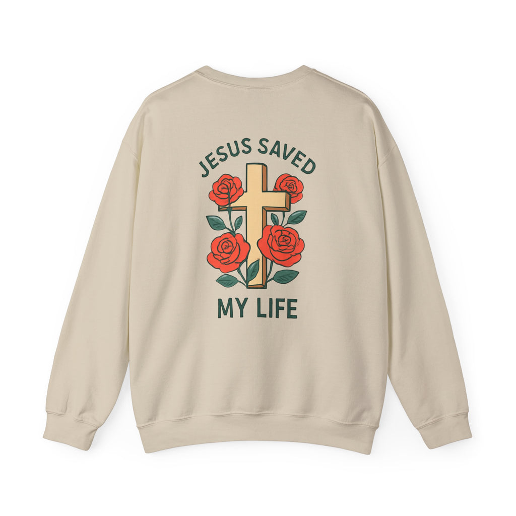 Christian Cross Sweatshirt — "Jesus Saved My Life" Crewneck with Wings & Roses