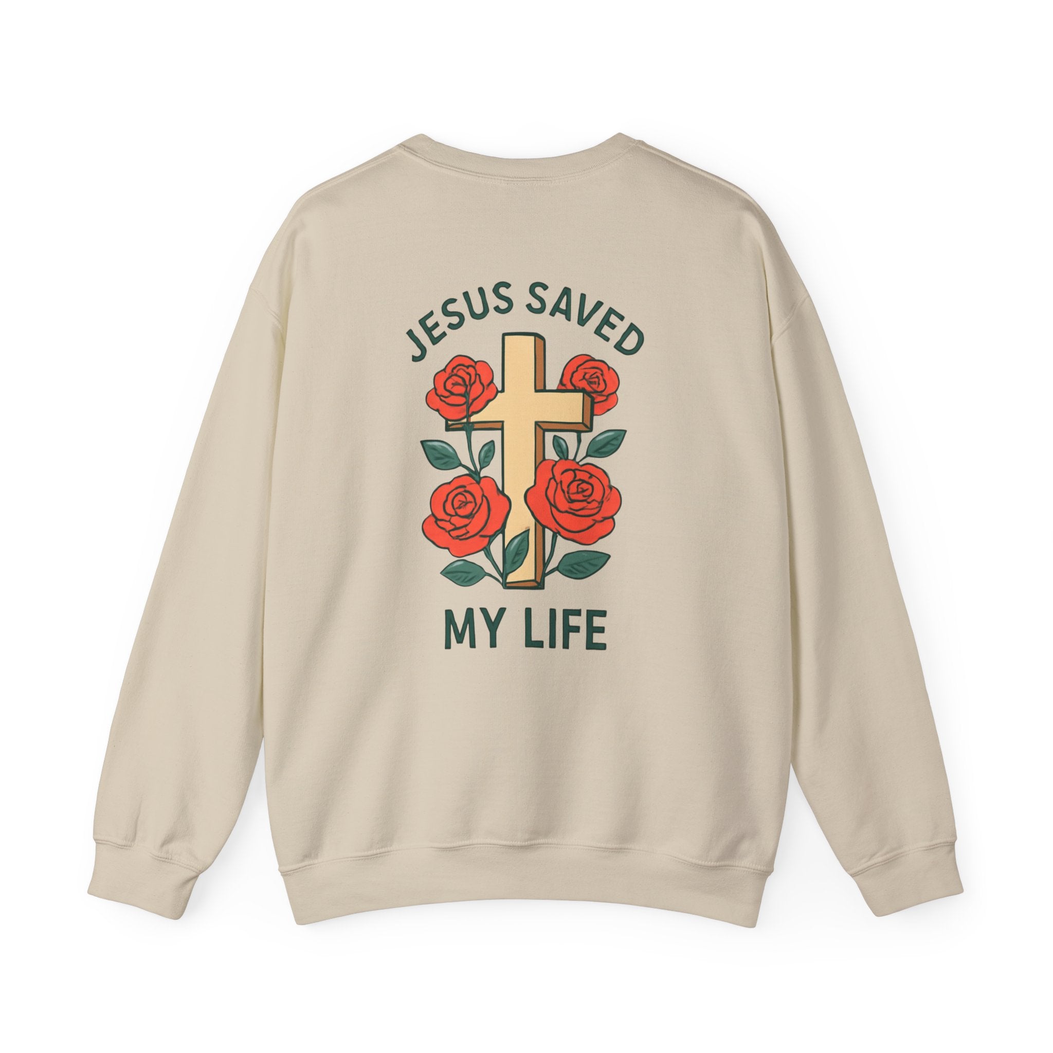 Christian Cross Sweatshirt — "Jesus Saved My Life" Crewneck with Wings & Roses