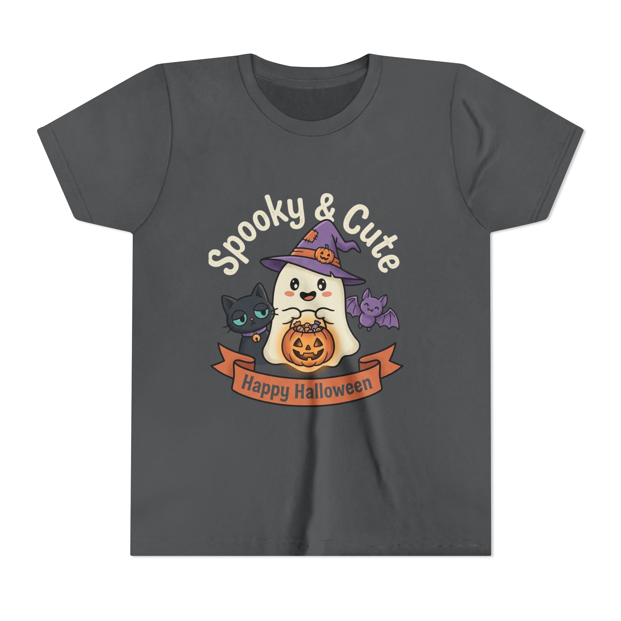 Youth Tee — "Spooky & Cute" Halloween Ghost with Black Cats Pumpkin