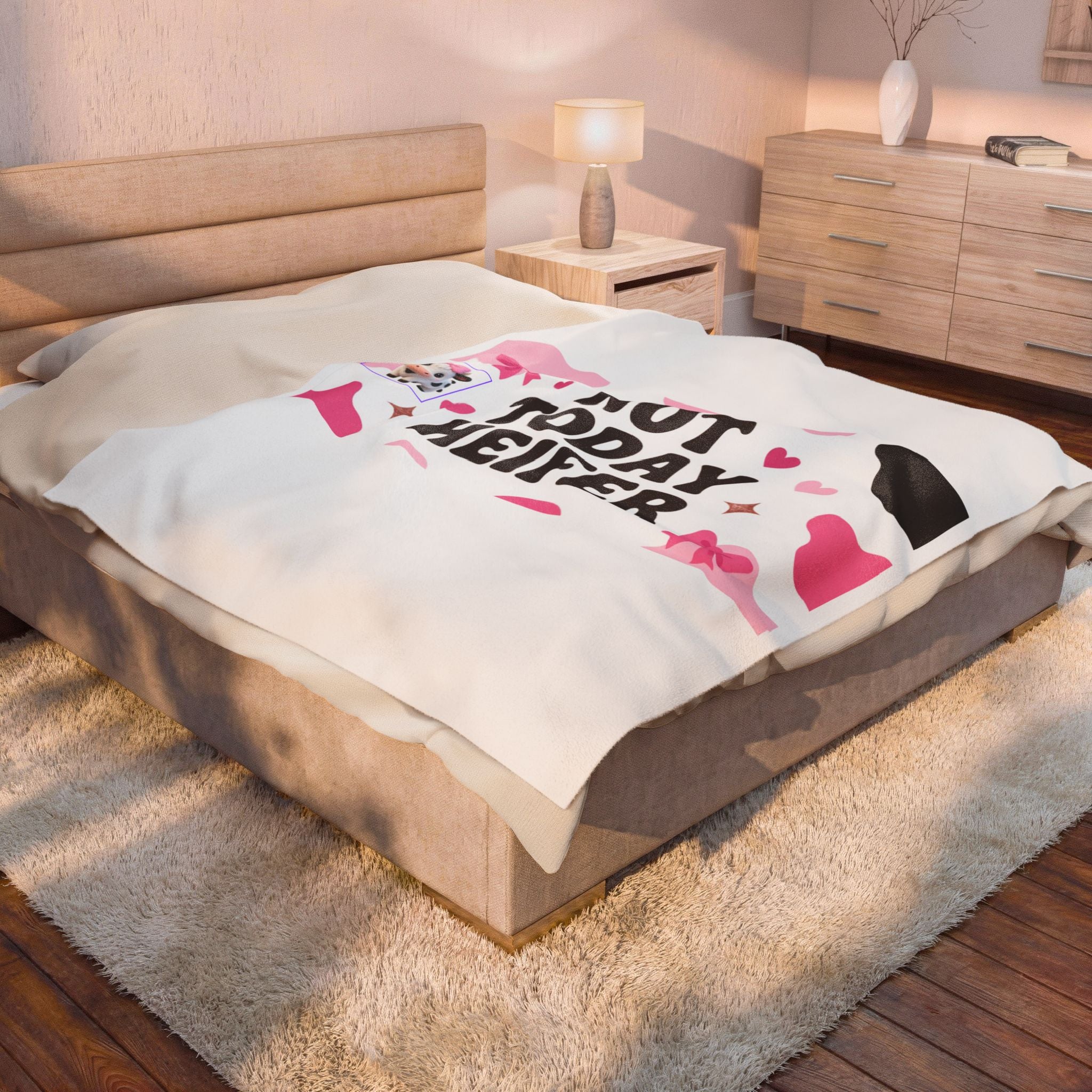 Velveteen Plush Blanket — "Not Today Heifer" Cute Cow Print Throw for Cozy Gifts