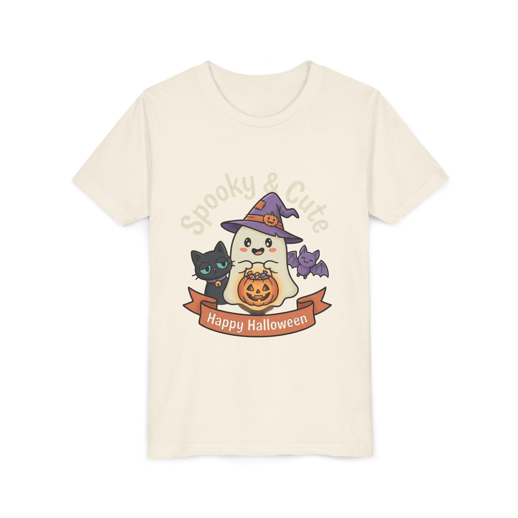 Youth Tee — "Spooky & Cute" Halloween Ghost with Black Cats Pumpkin