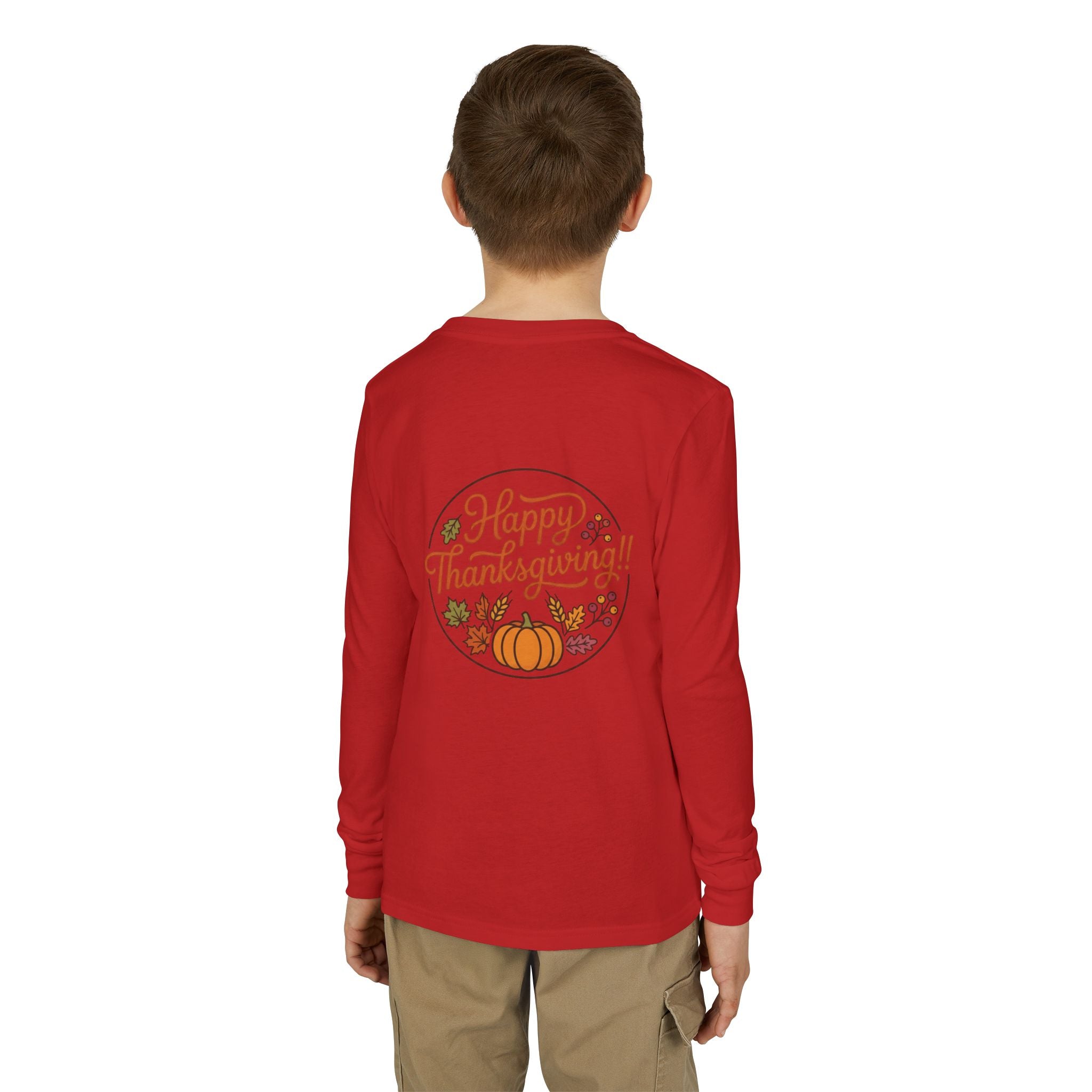 Thankful & Full Youth Long Sleeve Tee — Cute Turkey Thanksgiving Shirt
