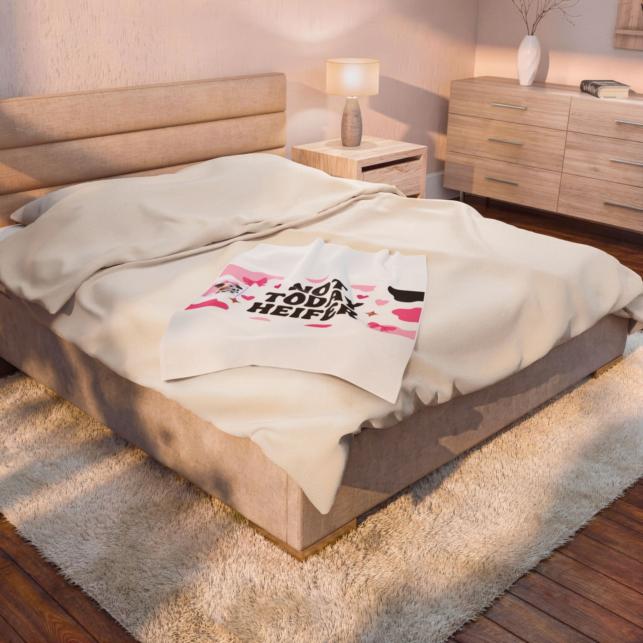 Velveteen Plush Blanket — "Not Today Heifer" Cute Cow Print Throw for Cozy Gifts