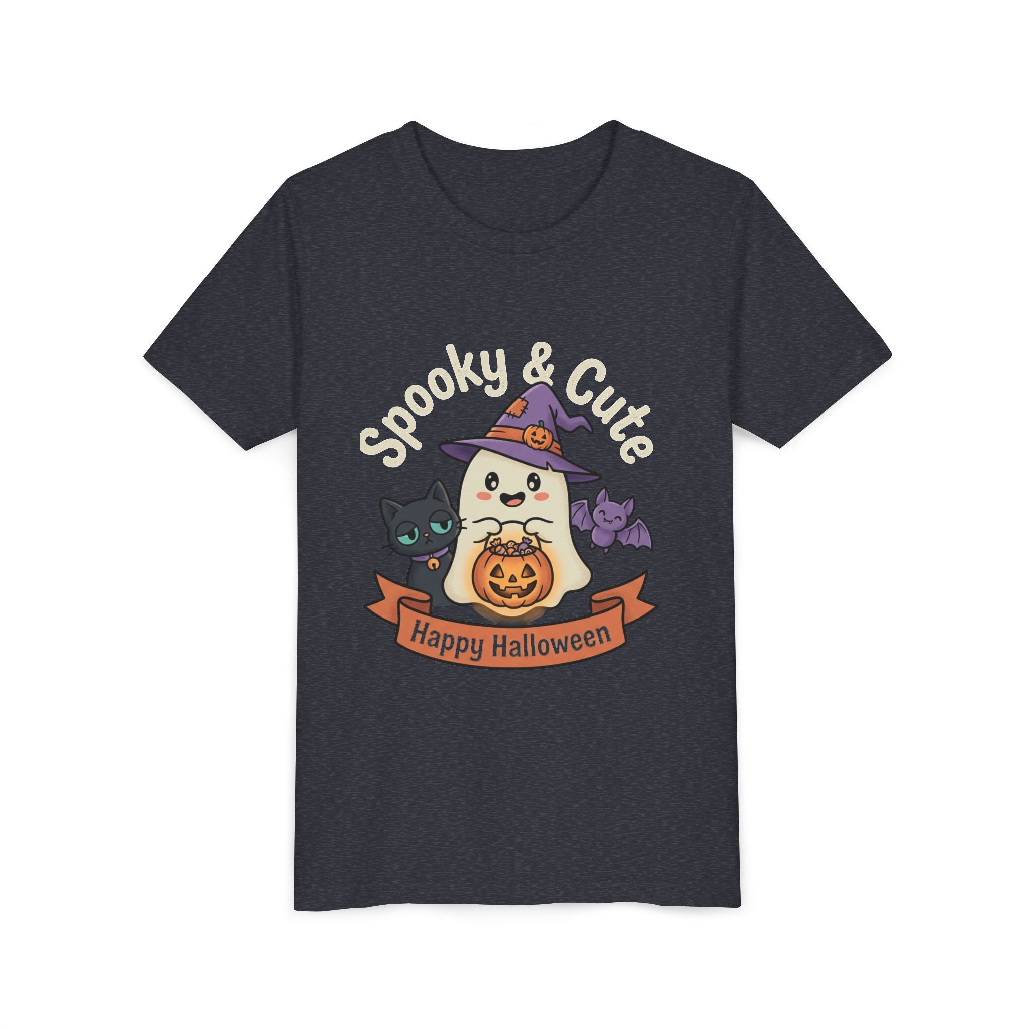 Youth Tee — "Spooky & Cute" Halloween Ghost with Black Cats Pumpkin