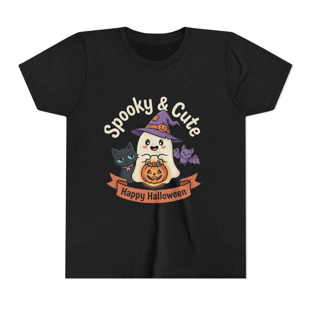 Youth Tee — "Spooky & Cute" Halloween Ghost with Black Cats Pumpkin