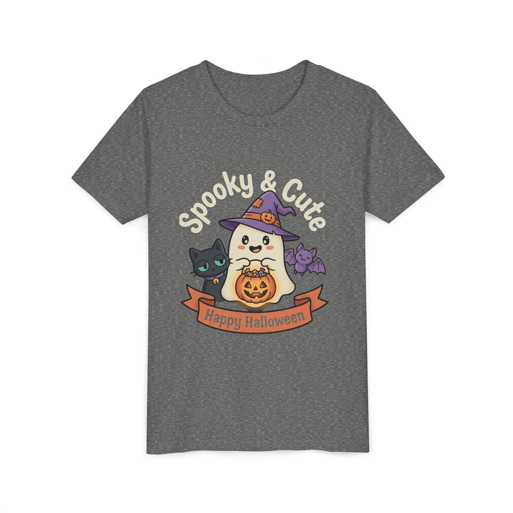 Youth Tee — "Spooky & Cute" Halloween Ghost with Black Cats Pumpkin