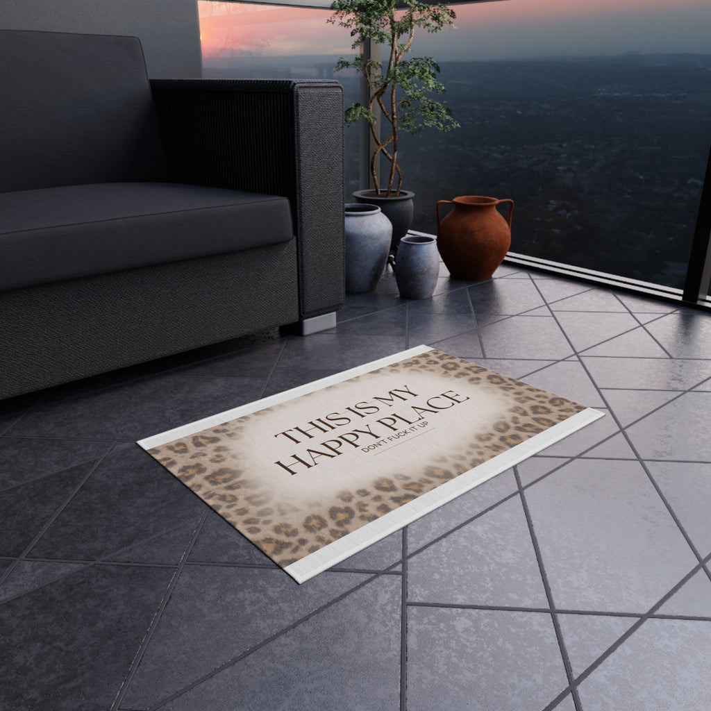 Outdoor Rug — "This Is My Happy Place" Leopard Print Doormat