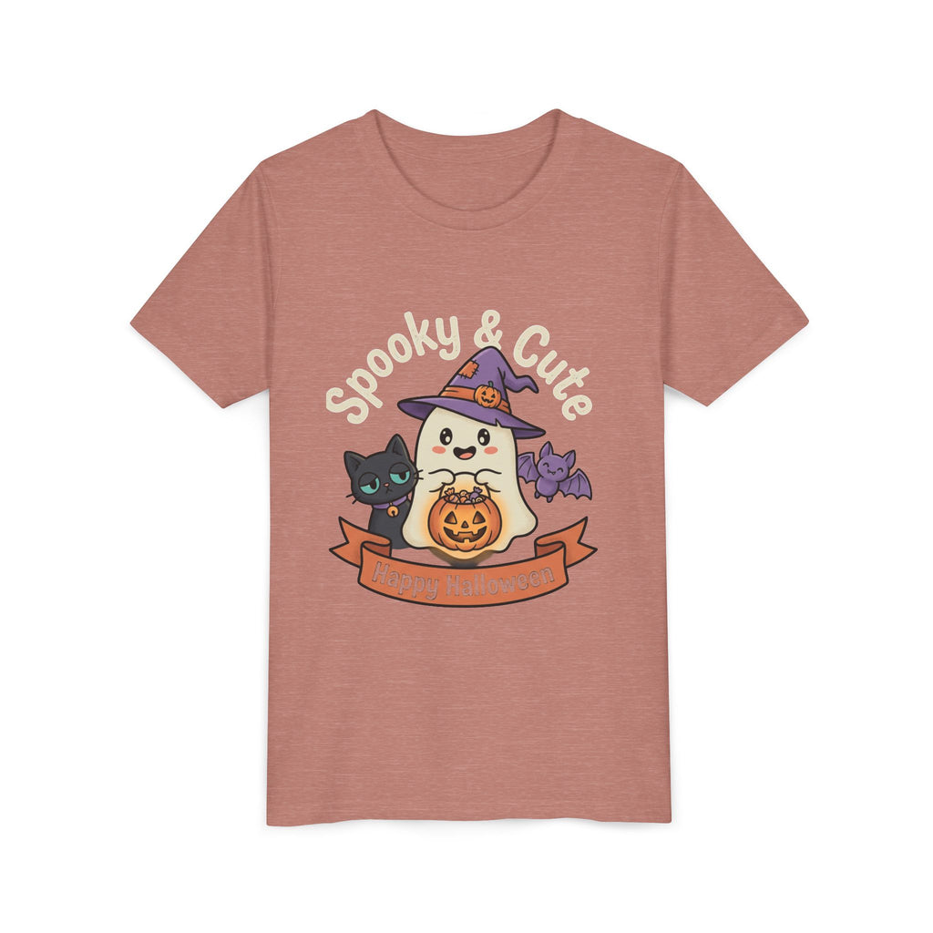 Youth Tee — "Spooky & Cute" Halloween Ghost with Black Cats Pumpkin