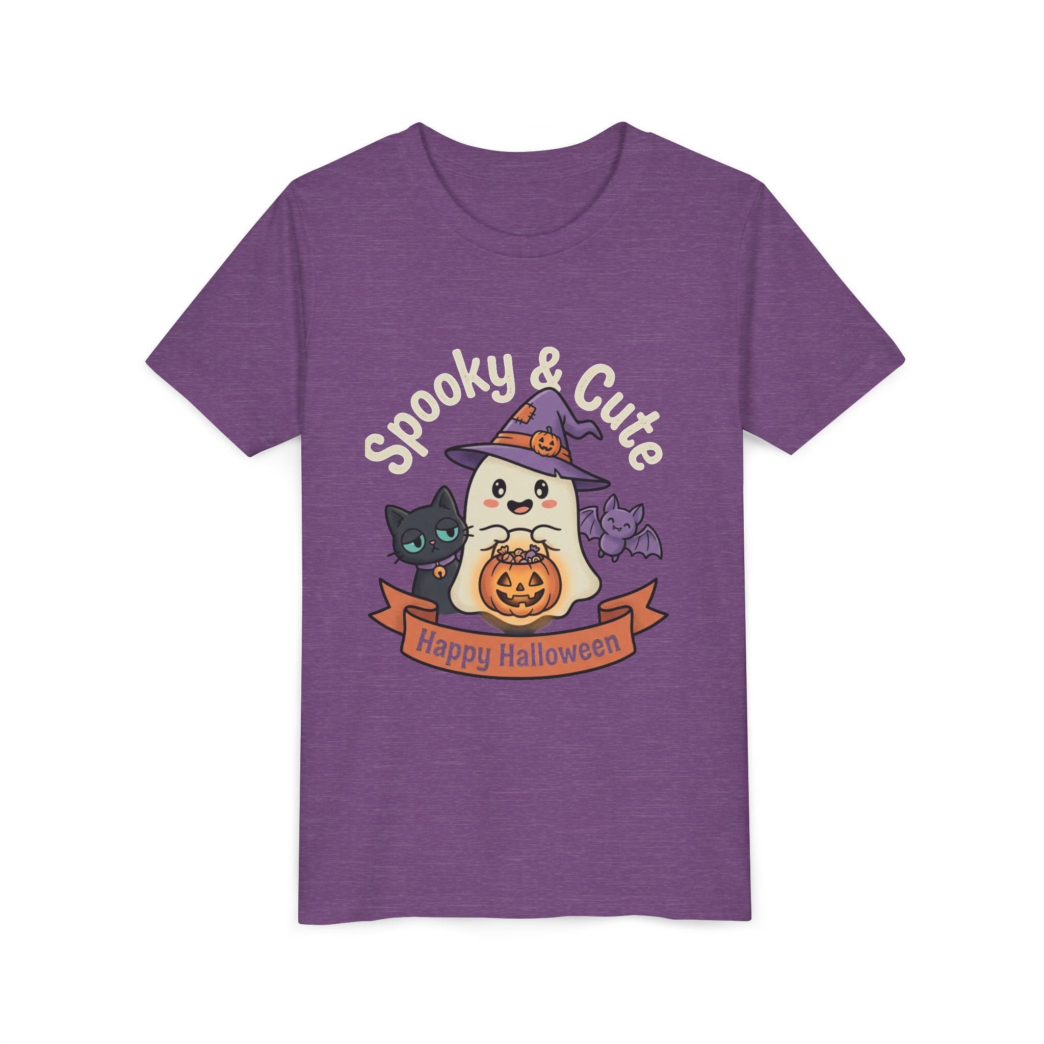 Youth Tee — "Spooky & Cute" Halloween Ghost with Black Cats Pumpkin