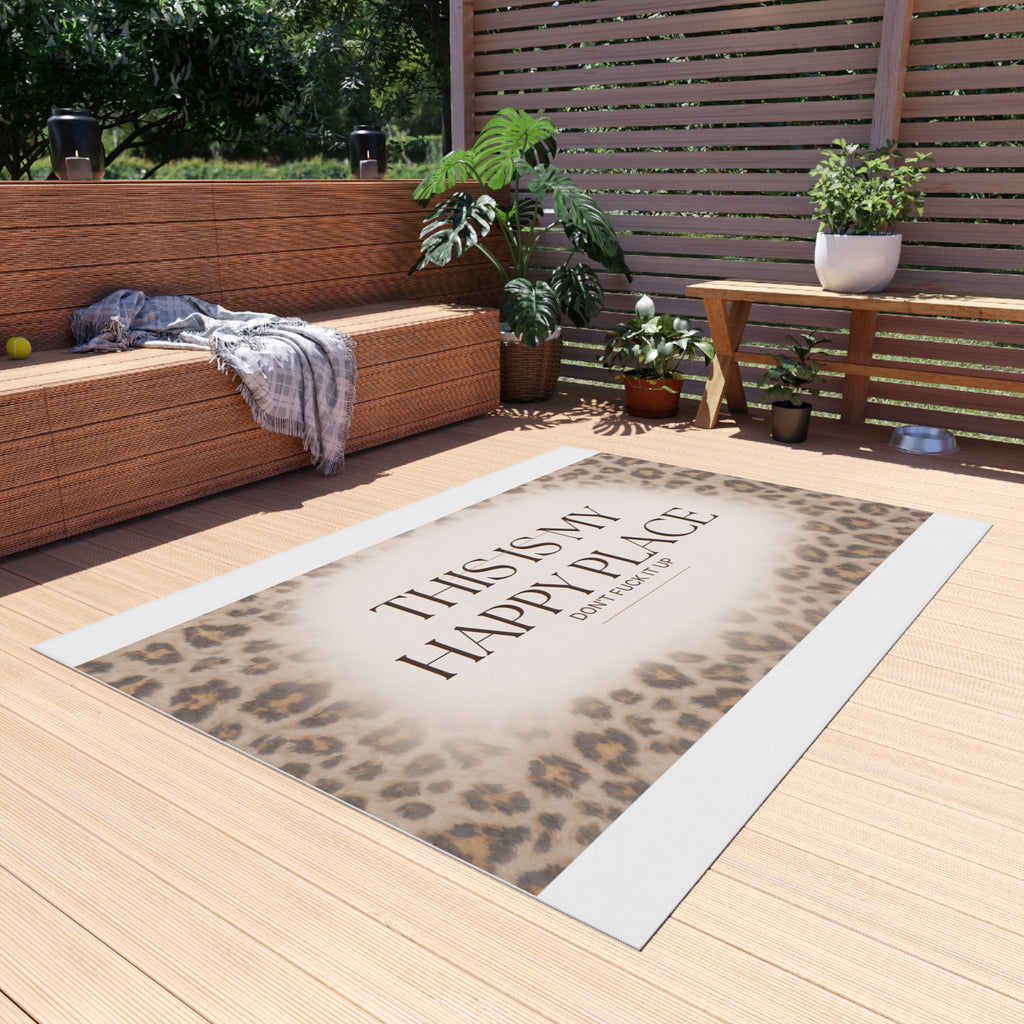Outdoor Rug — "This Is My Happy Place" Leopard Print Doormat