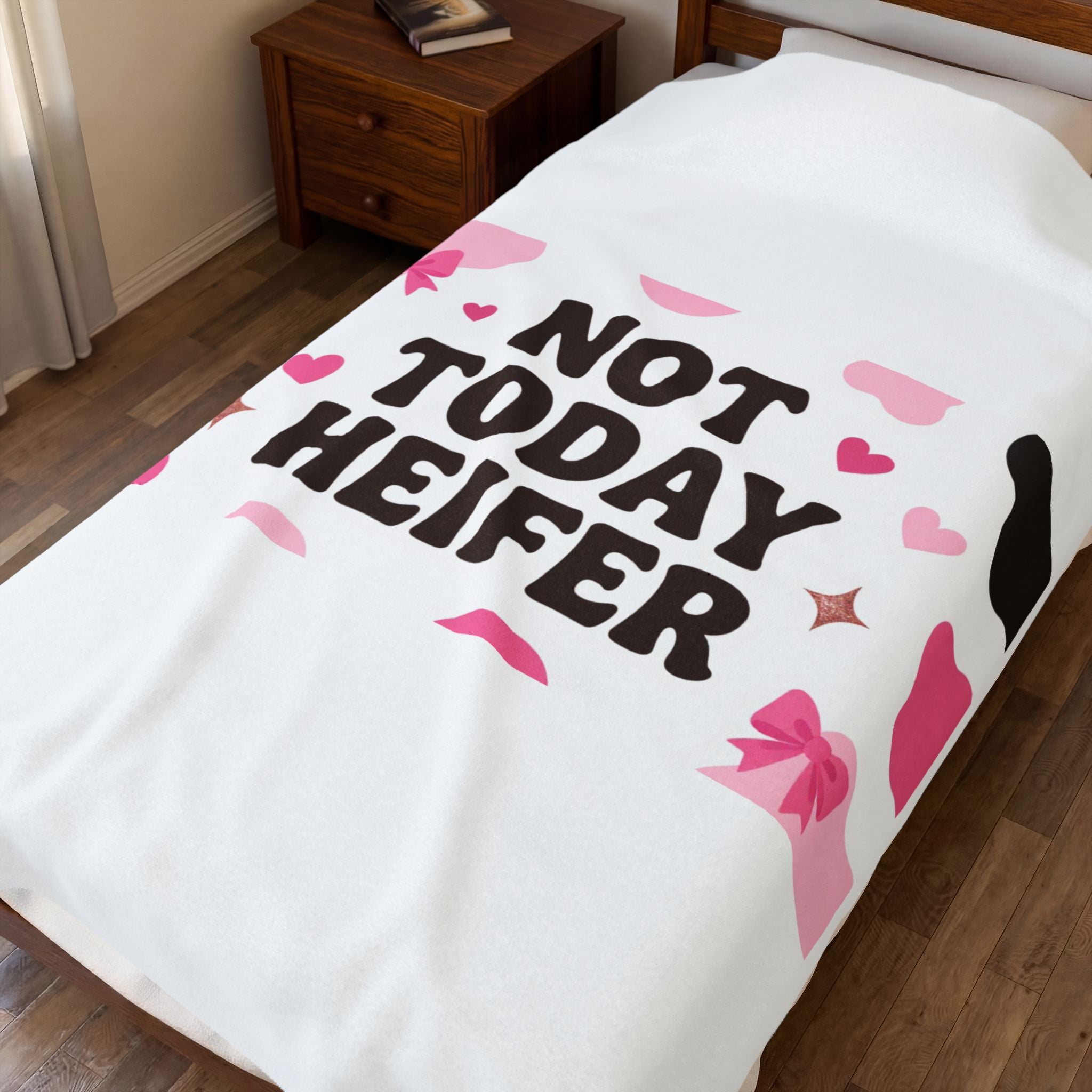 Velveteen Plush Blanket — "Not Today Heifer" Cute Cow Print Throw for Cozy Gifts