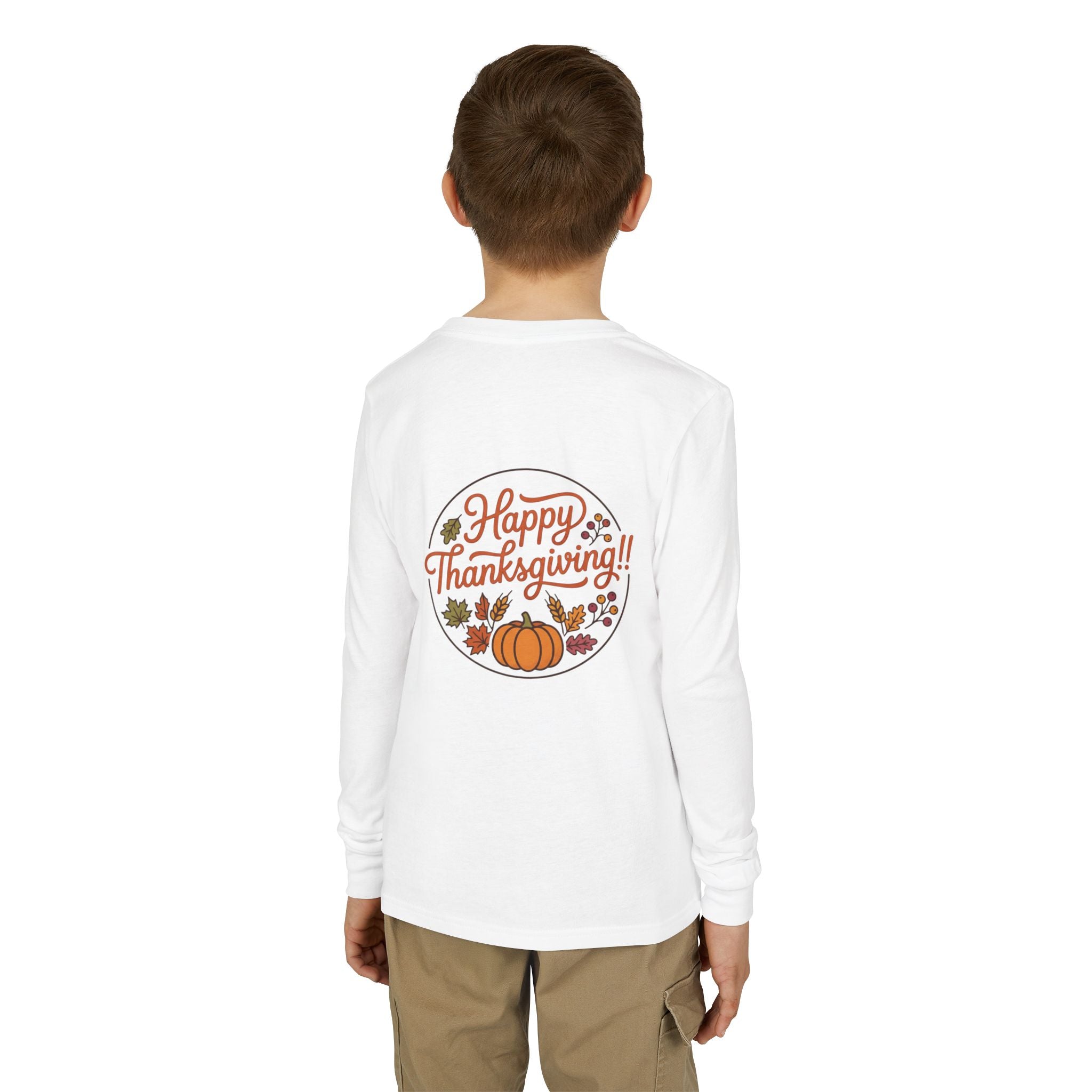 Thankful & Full Youth Long Sleeve Tee — Cute Turkey Thanksgiving Shirt