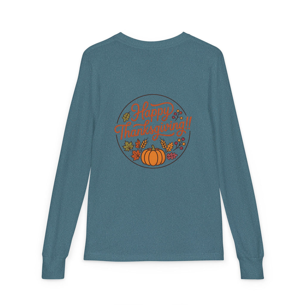 Thankful & Full Youth Long Sleeve Tee — Cute Turkey Thanksgiving Shirt