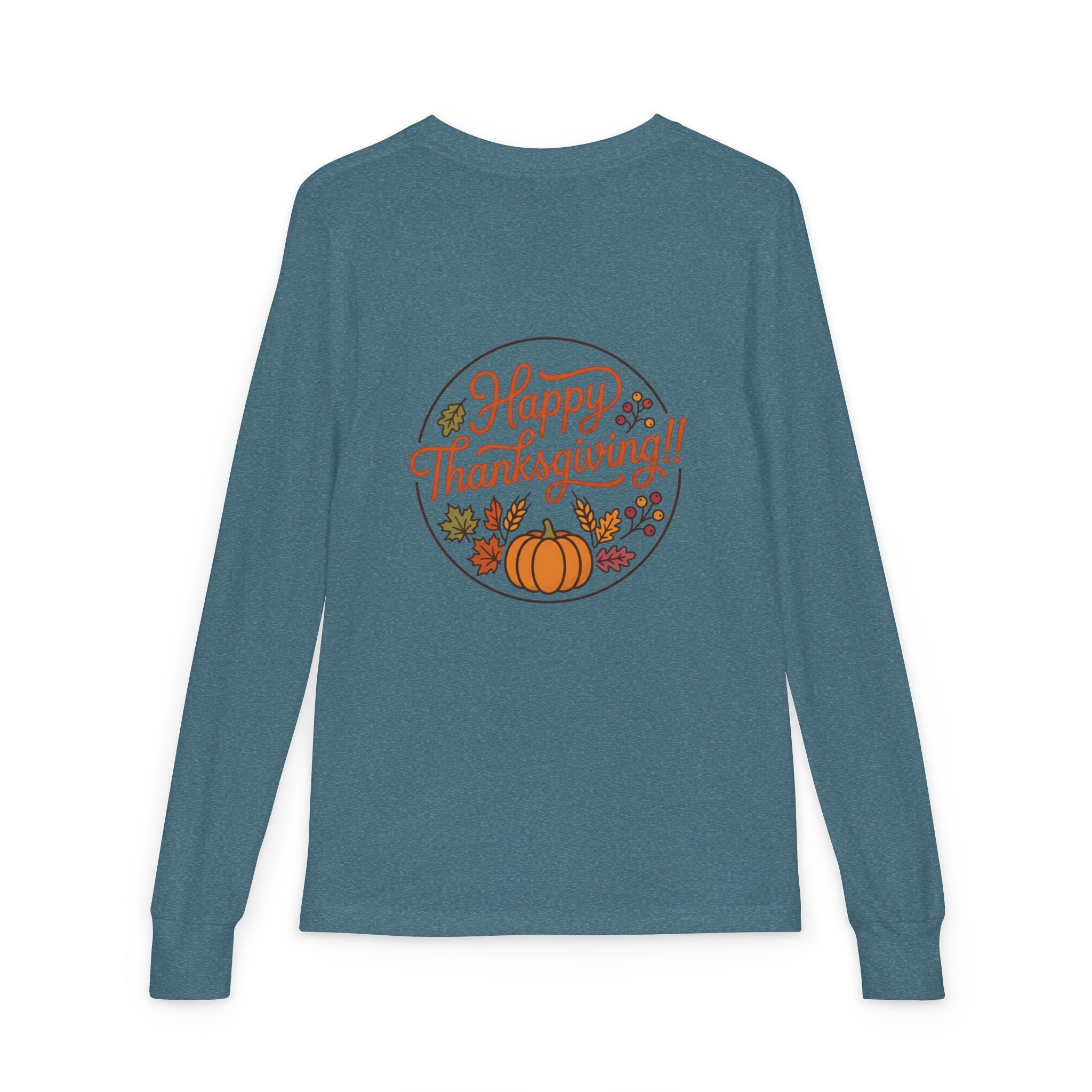 Thankful & Full Youth Long Sleeve Tee — Cute Turkey Thanksgiving Shirt