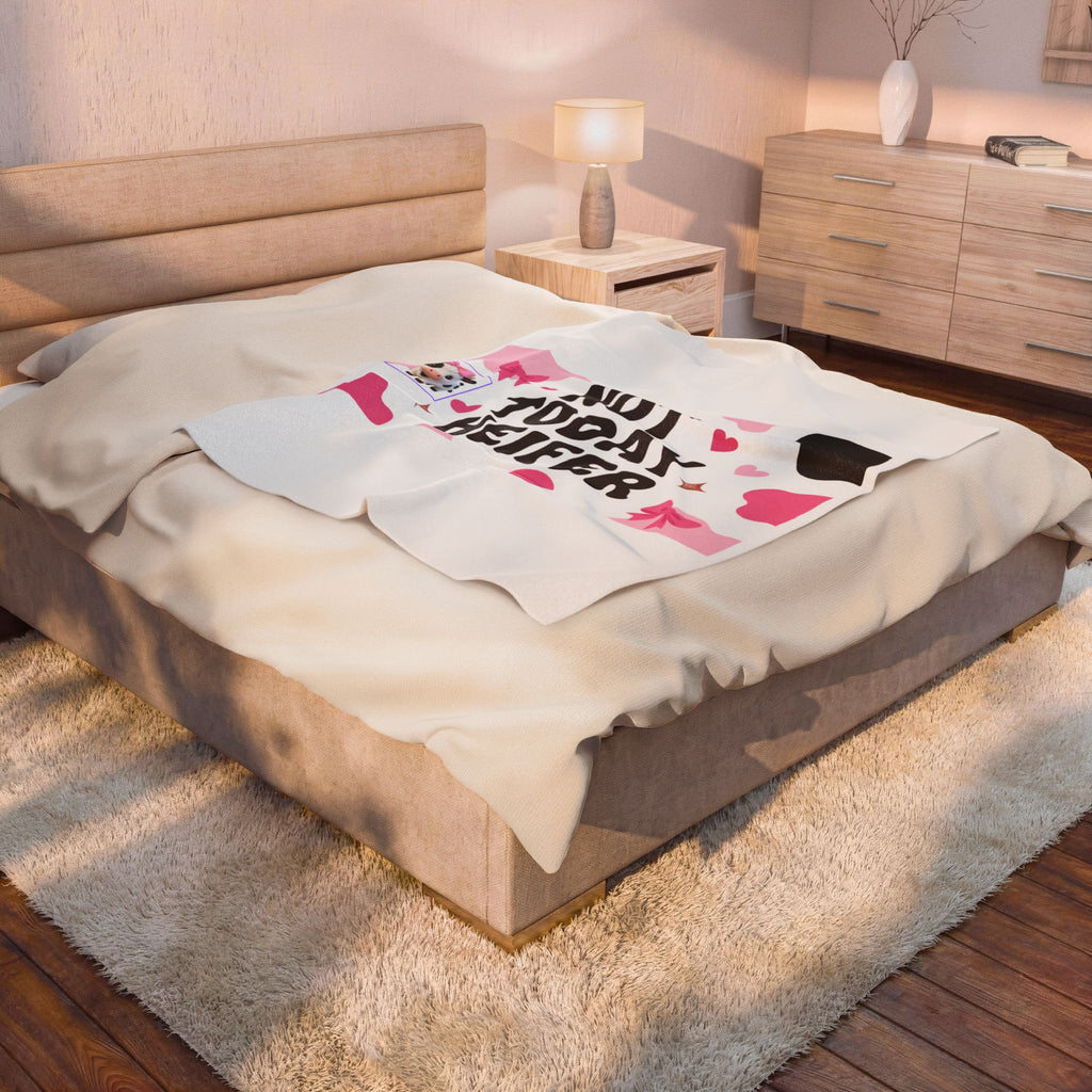 Velveteen Plush Blanket — "Not Today Heifer" Cute Cow Print Throw for Cozy Gifts