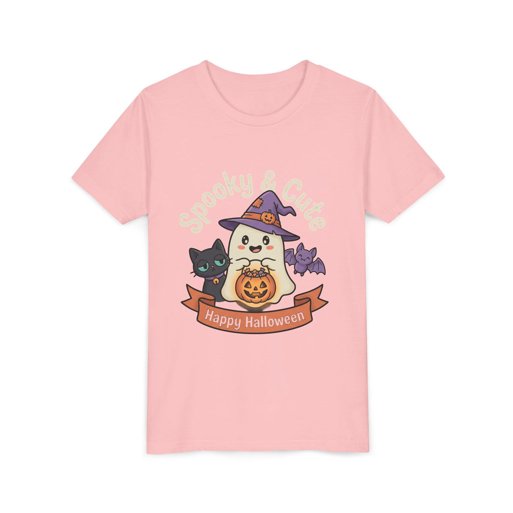 Youth Tee — "Spooky & Cute" Halloween Ghost with Black Cats Pumpkin