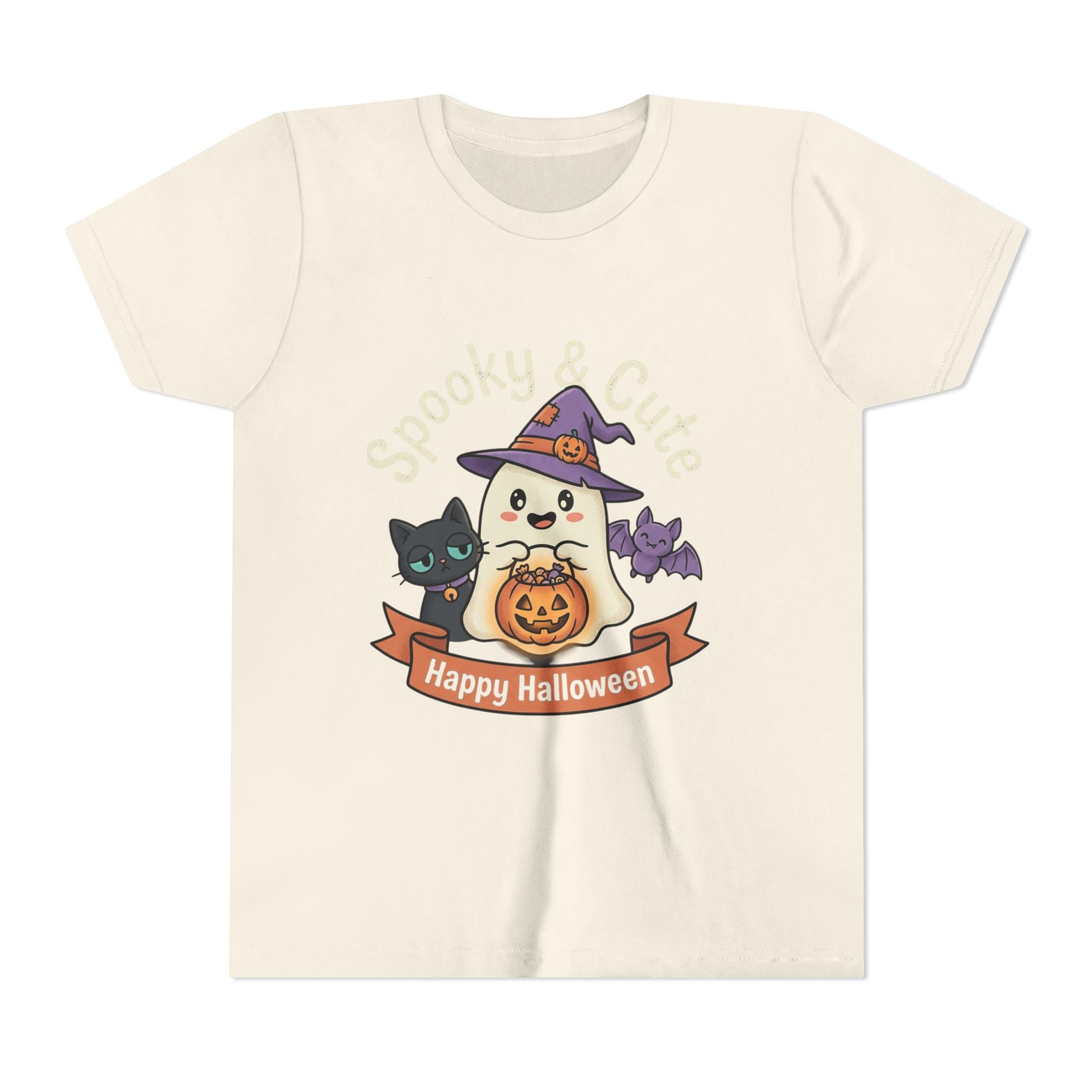 Youth Tee — "Spooky & Cute" Halloween Ghost with Black Cats Pumpkin