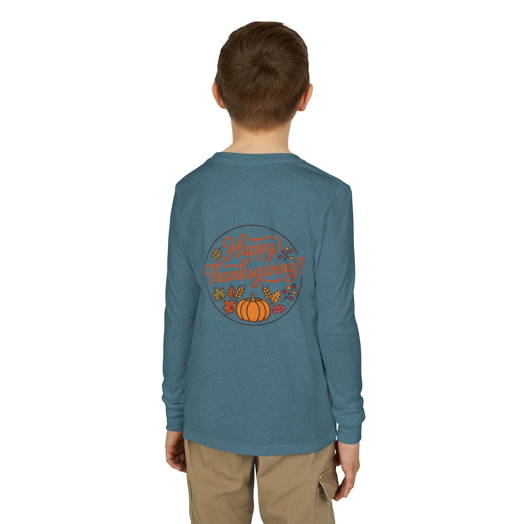 Thankful & Full Youth Long Sleeve Tee — Cute Turkey Thanksgiving Shirt
