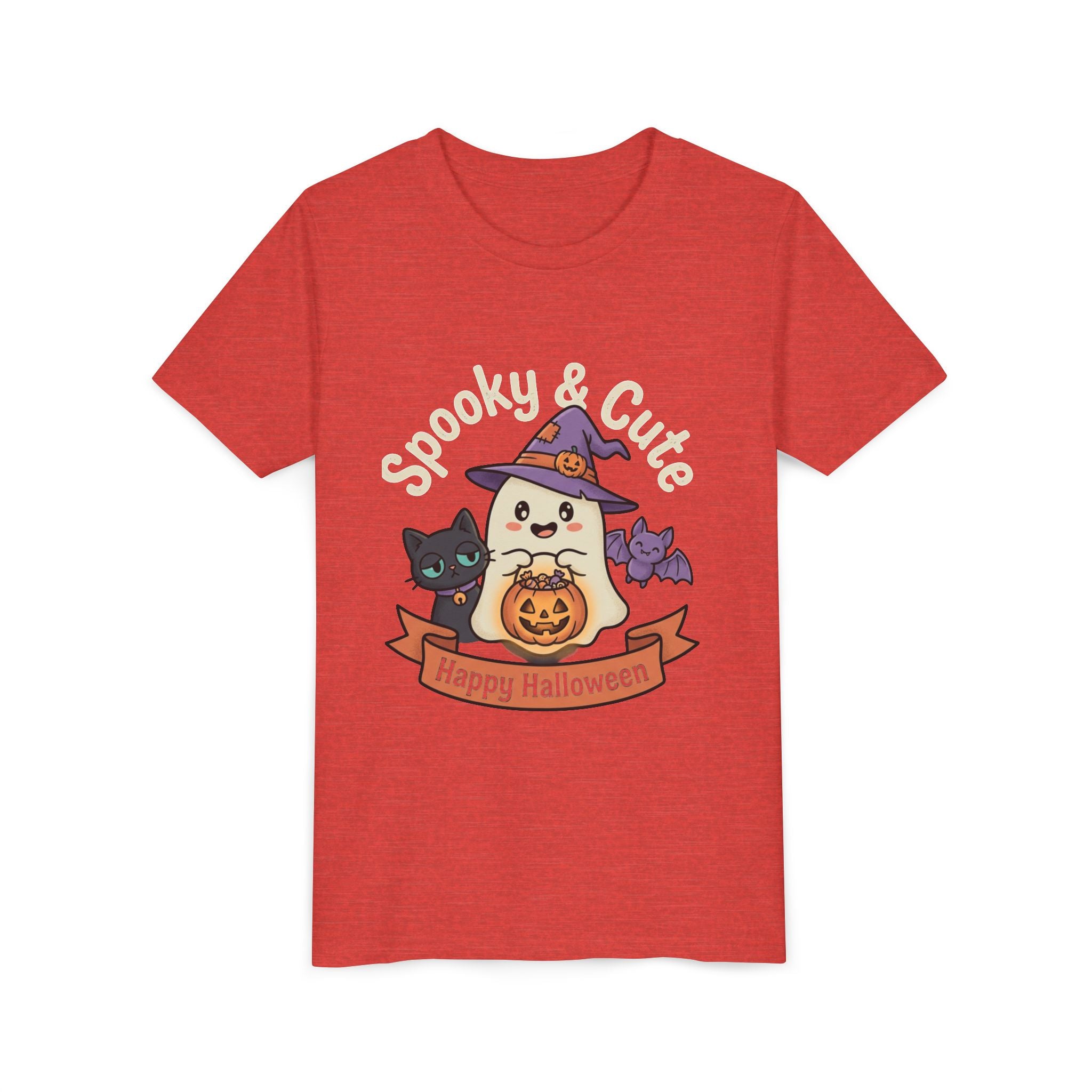 Youth Tee — "Spooky & Cute" Halloween Ghost with Black Cats Pumpkin