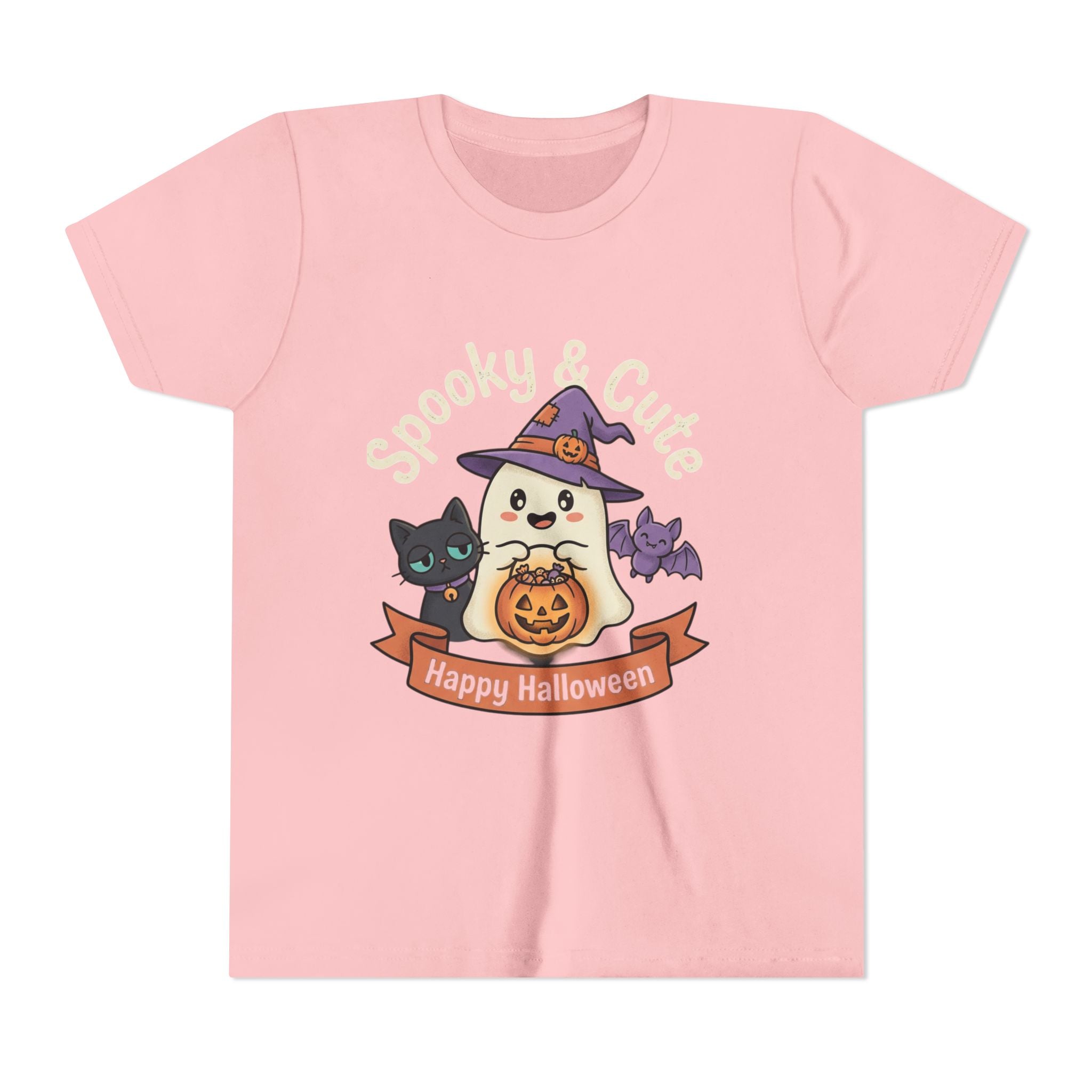 Youth Tee — "Spooky & Cute" Halloween Ghost with Black Cats Pumpkin