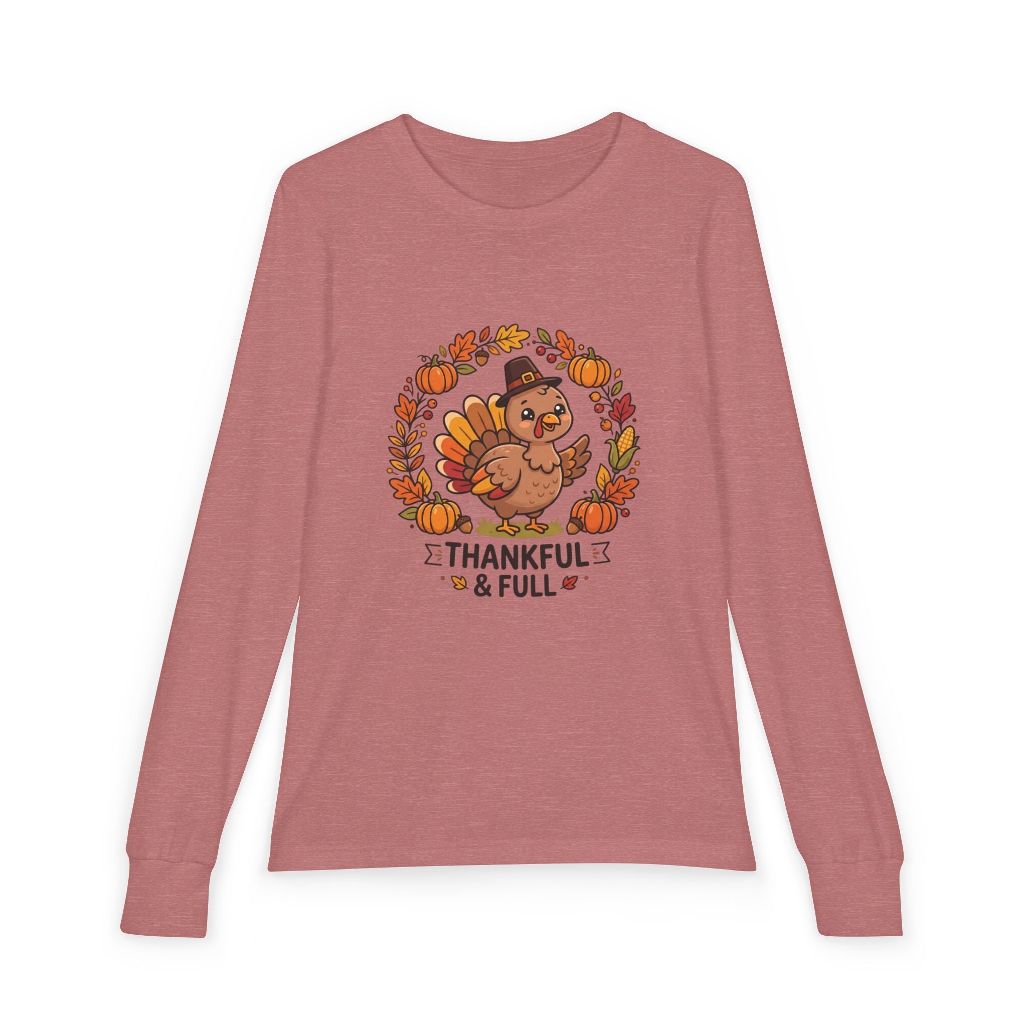 Thankful & Full Youth Long Sleeve Tee — Cute Turkey Thanksgiving Shirt