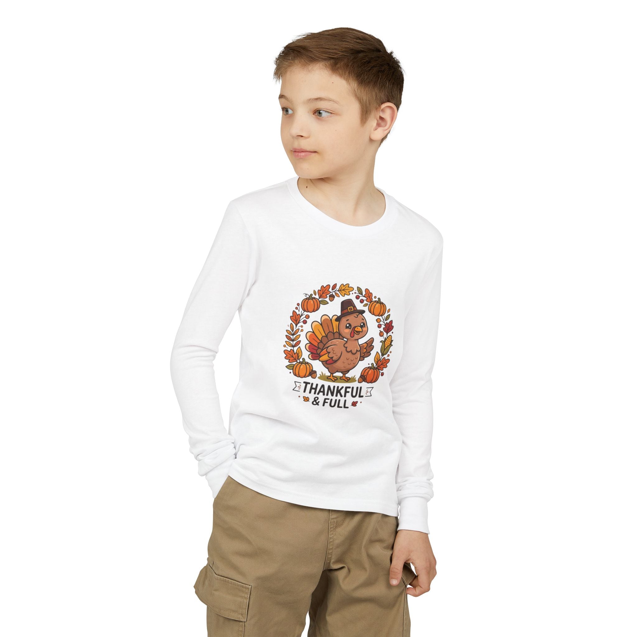 Thankful & Full Youth Long Sleeve Tee — Cute Turkey Thanksgiving Shirt