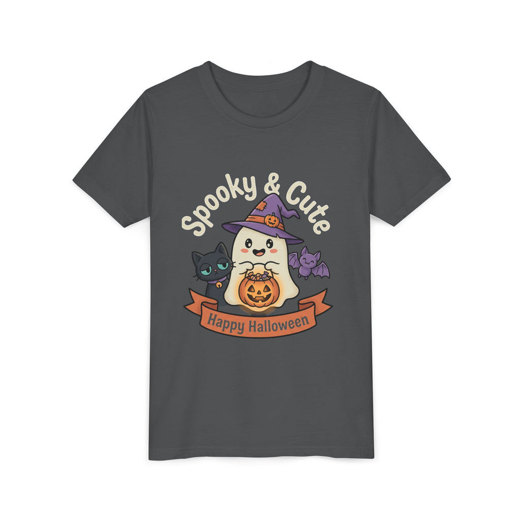 Youth Tee — "Spooky & Cute" Halloween Ghost with Black Cats Pumpkin