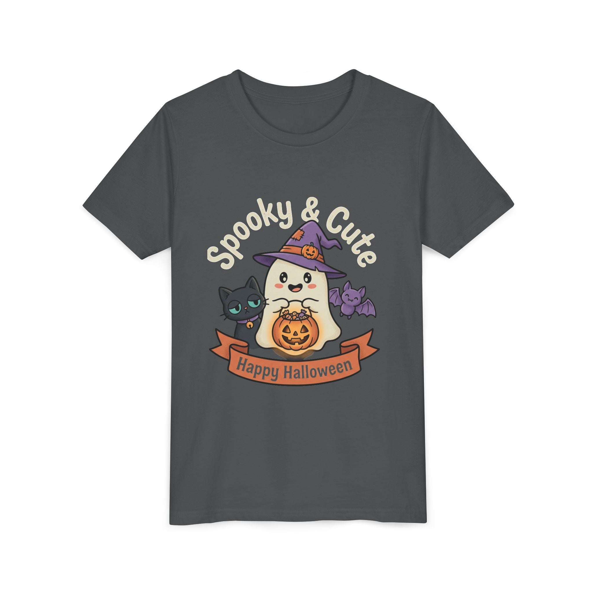 Youth Tee — "Spooky & Cute" Halloween Ghost with Black Cats Pumpkin