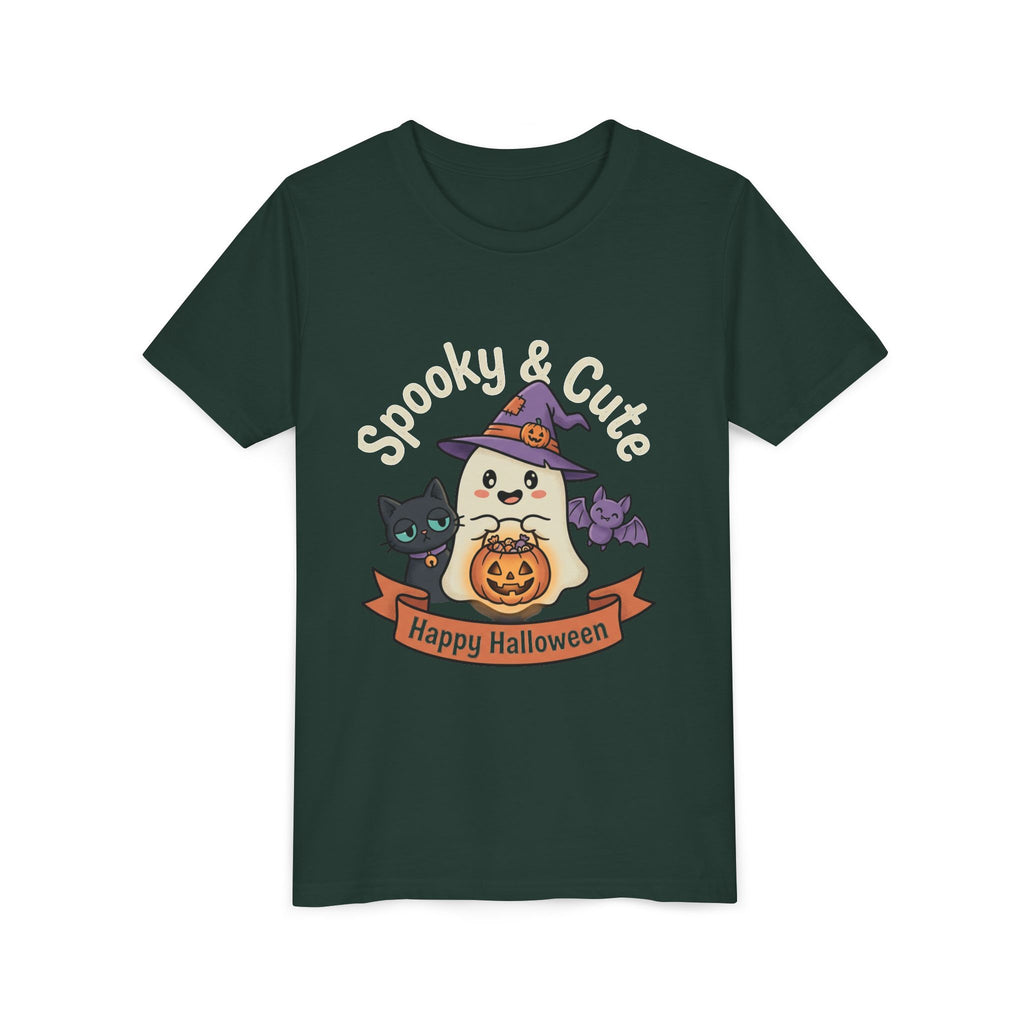 Youth Tee — "Spooky & Cute" Halloween Ghost with Black Cats Pumpkin