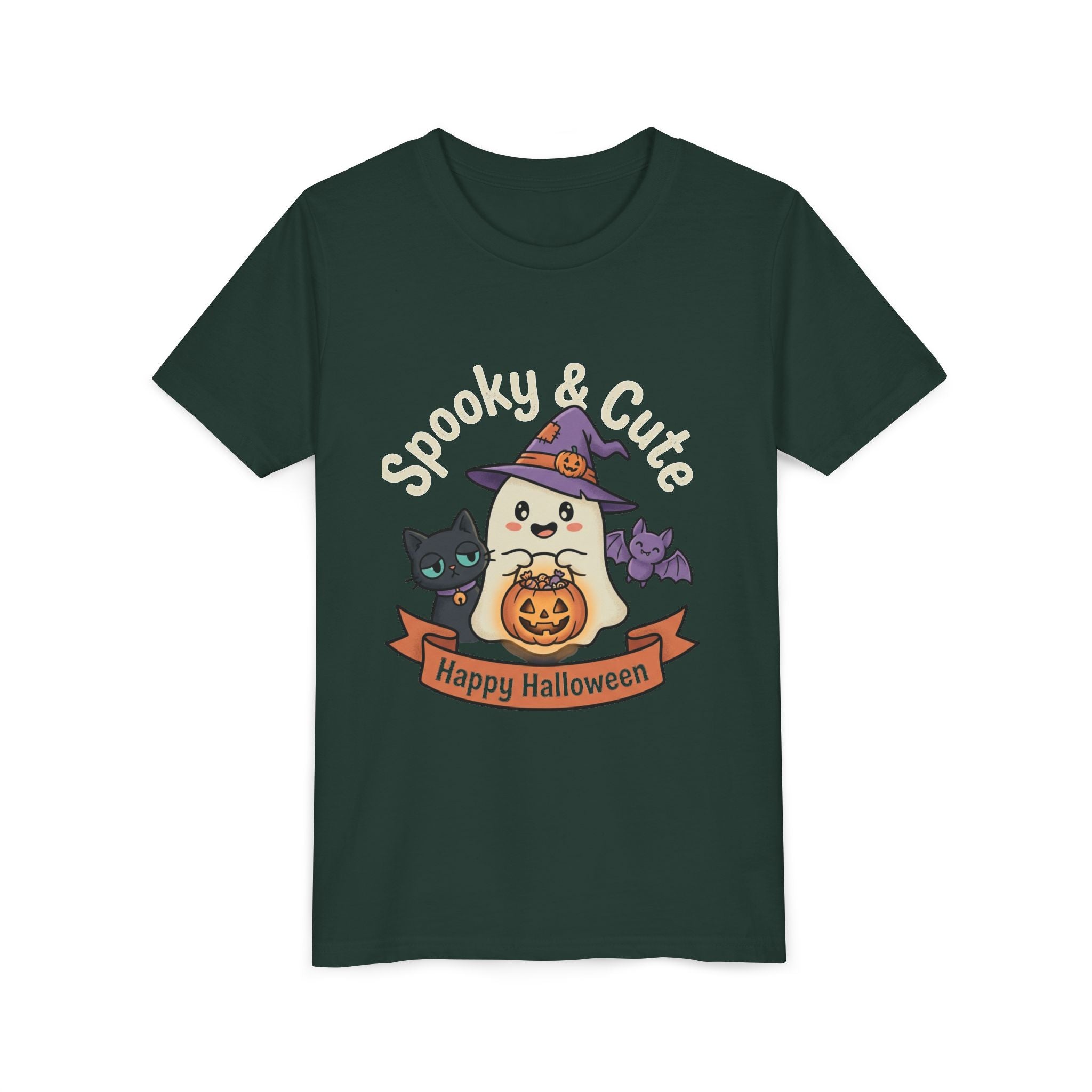 Youth Tee — "Spooky & Cute" Halloween Ghost with Black Cats Pumpkin