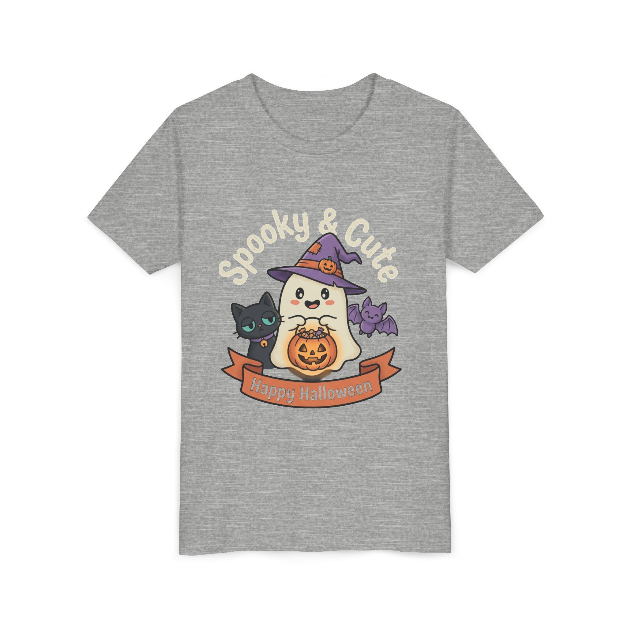Youth Tee — "Spooky & Cute" Halloween Ghost with Black Cats Pumpkin