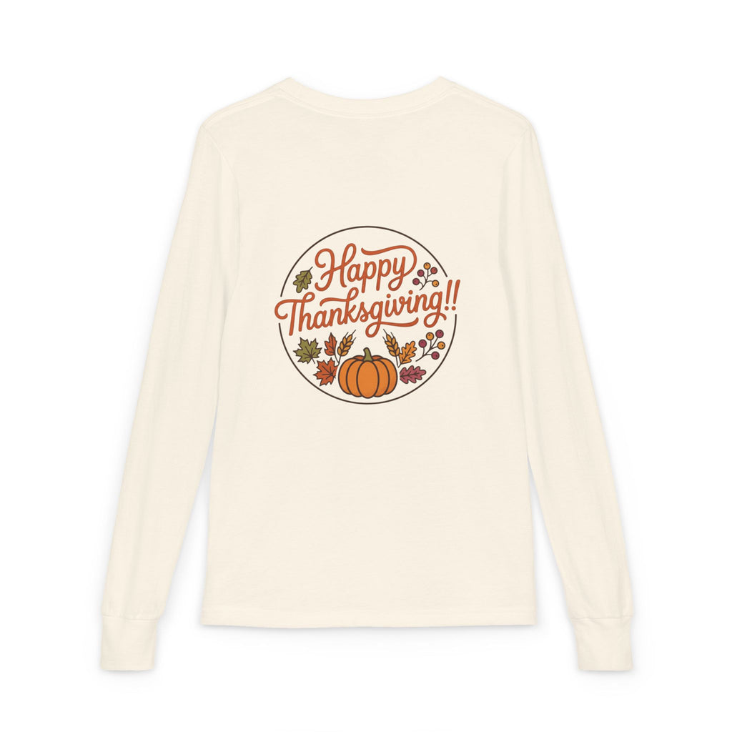 Thankful & Full Youth Long Sleeve Tee — Cute Turkey Thanksgiving Shirt